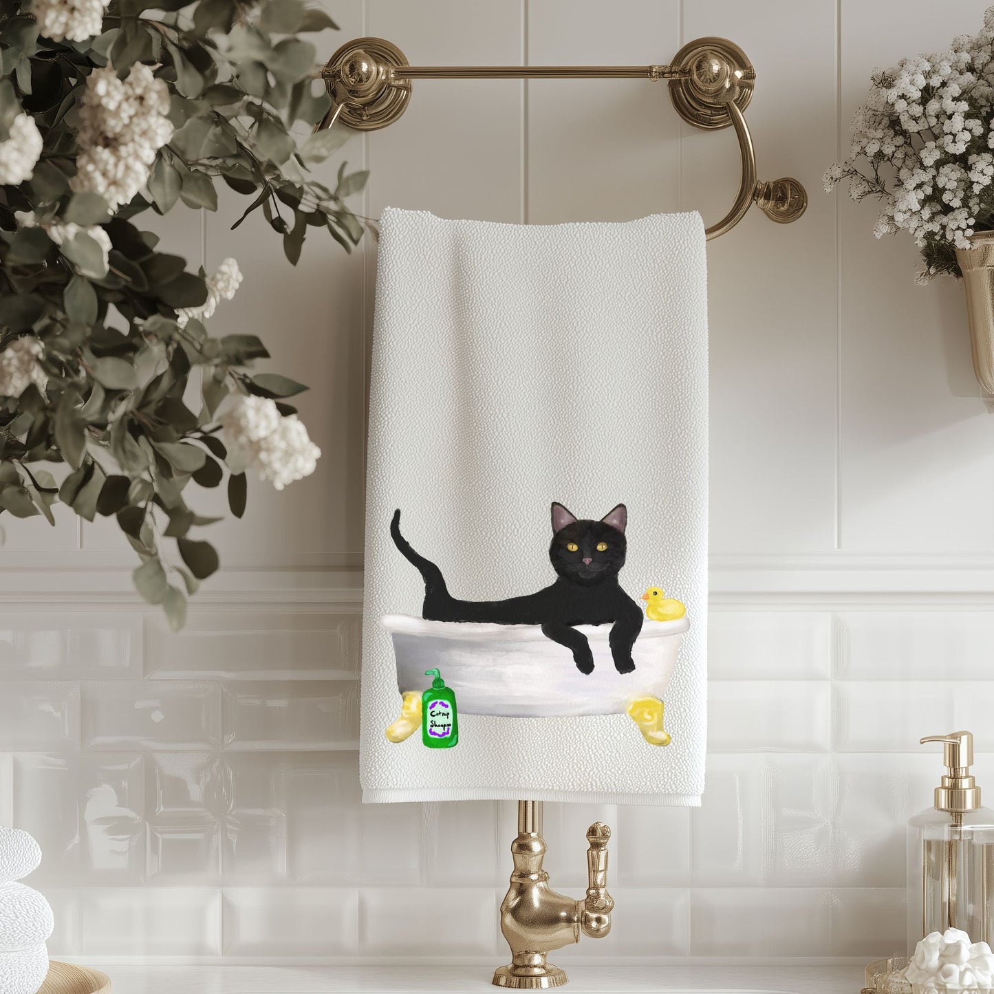 Black Cat in Bathtub Bathroom Towel - MerikaArt