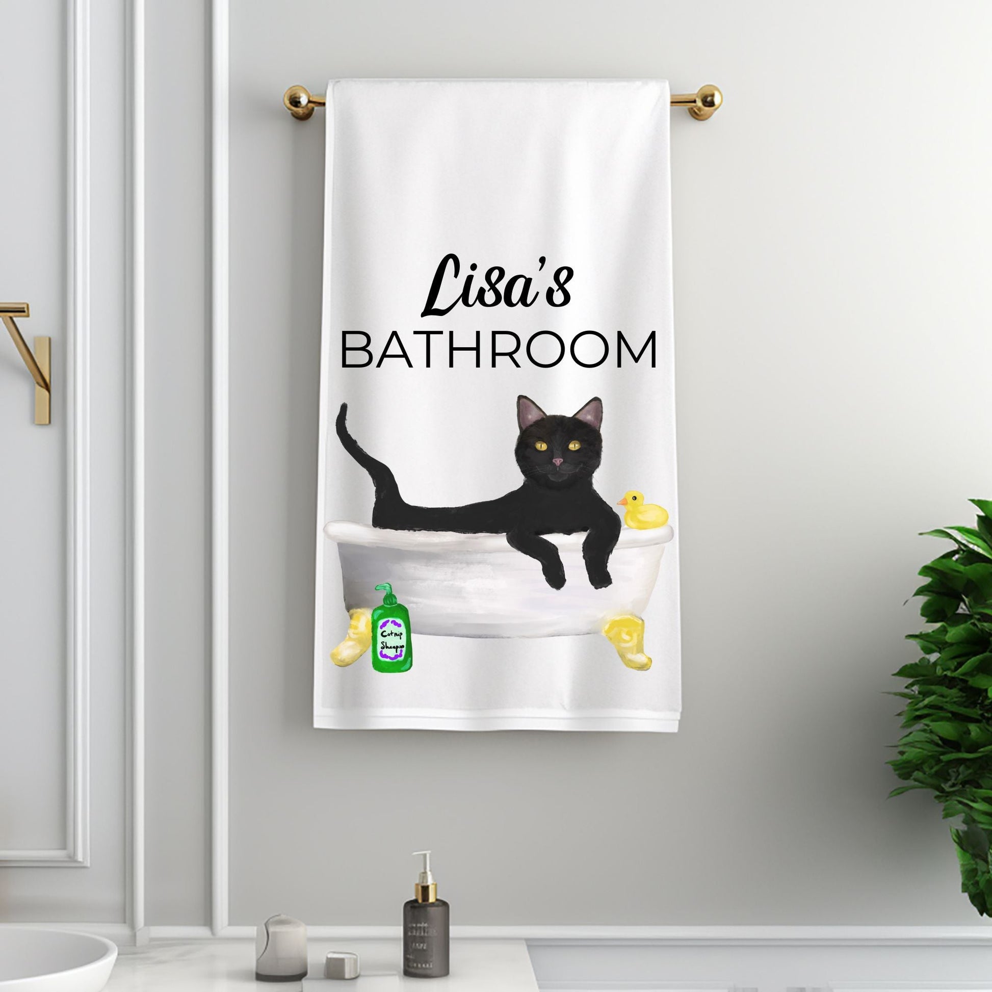 Black Cat in Bathtub Bathroom Towel - MerikaArt