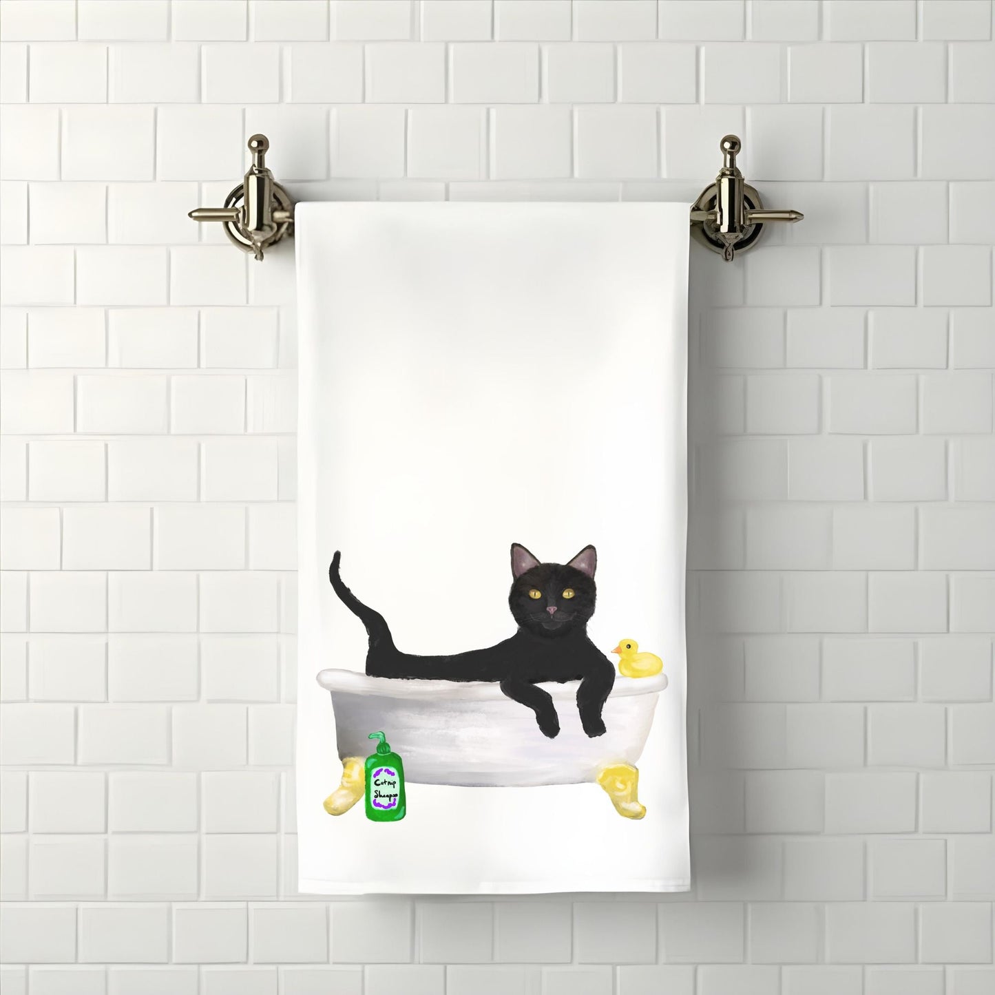 Black Cat in Bathtub Bathroom Towel - MerikaArt