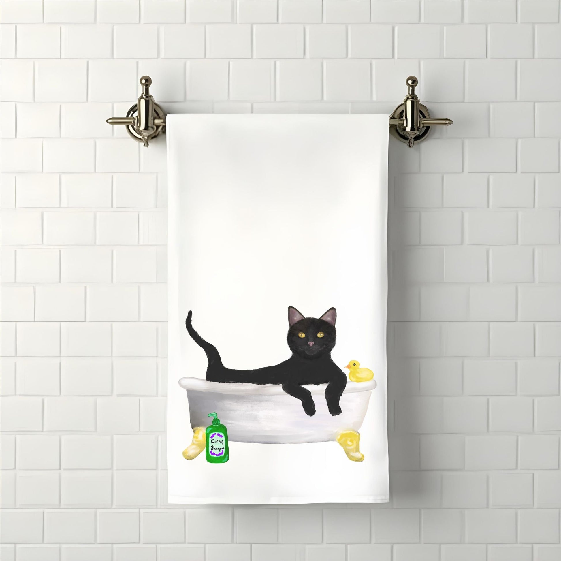 Black Cat in Bathtub Bathroom Towel - MerikaArt