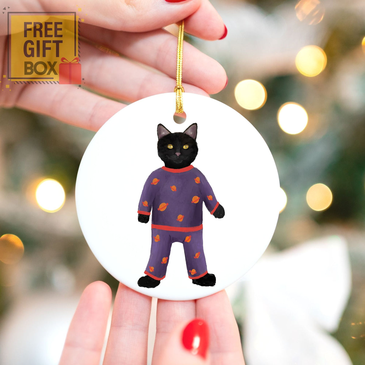 Black Cat in Pajamas Ceramic Ornament - MerikaArt