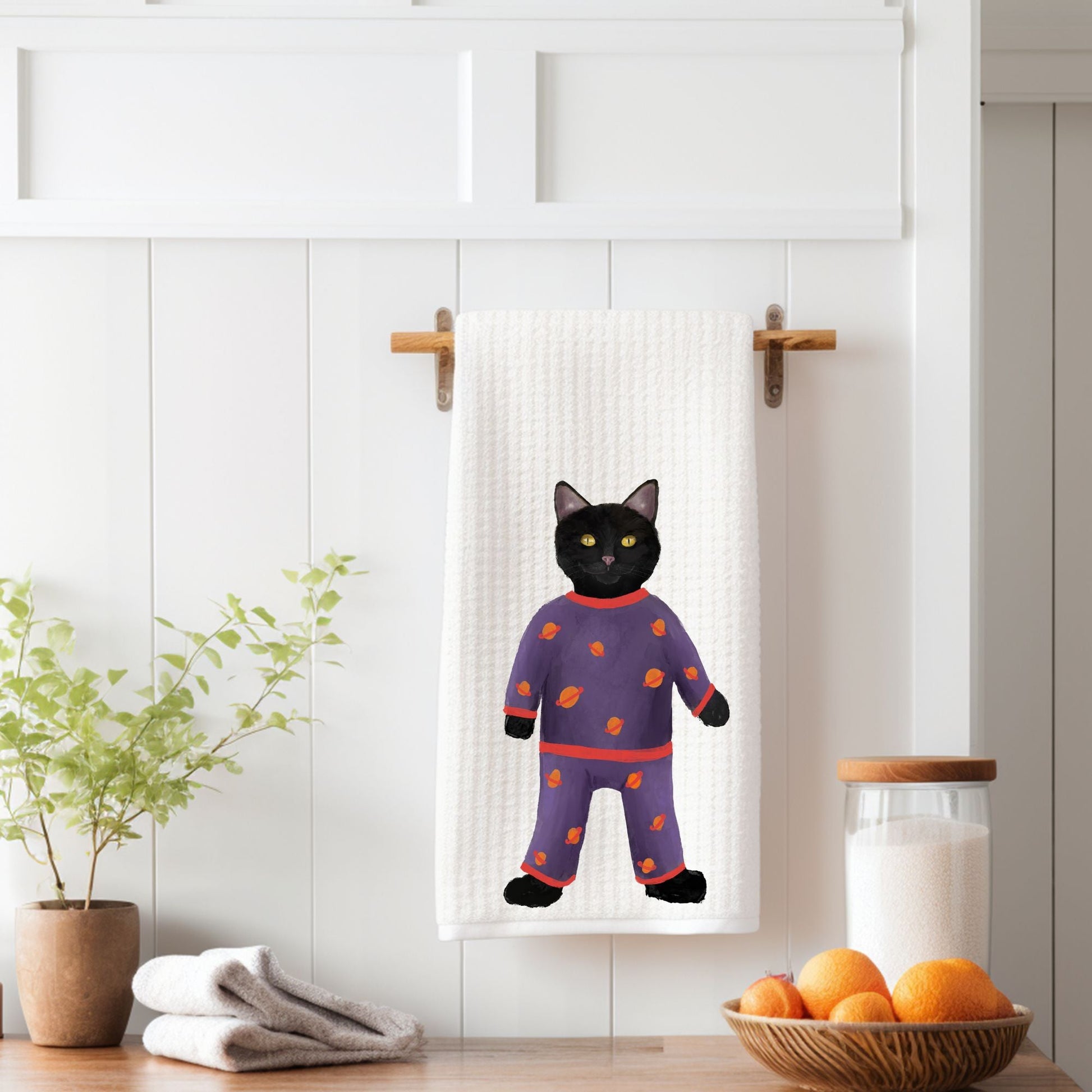 Black Cat in Pajamas Kitchen Towel - MerikaArt