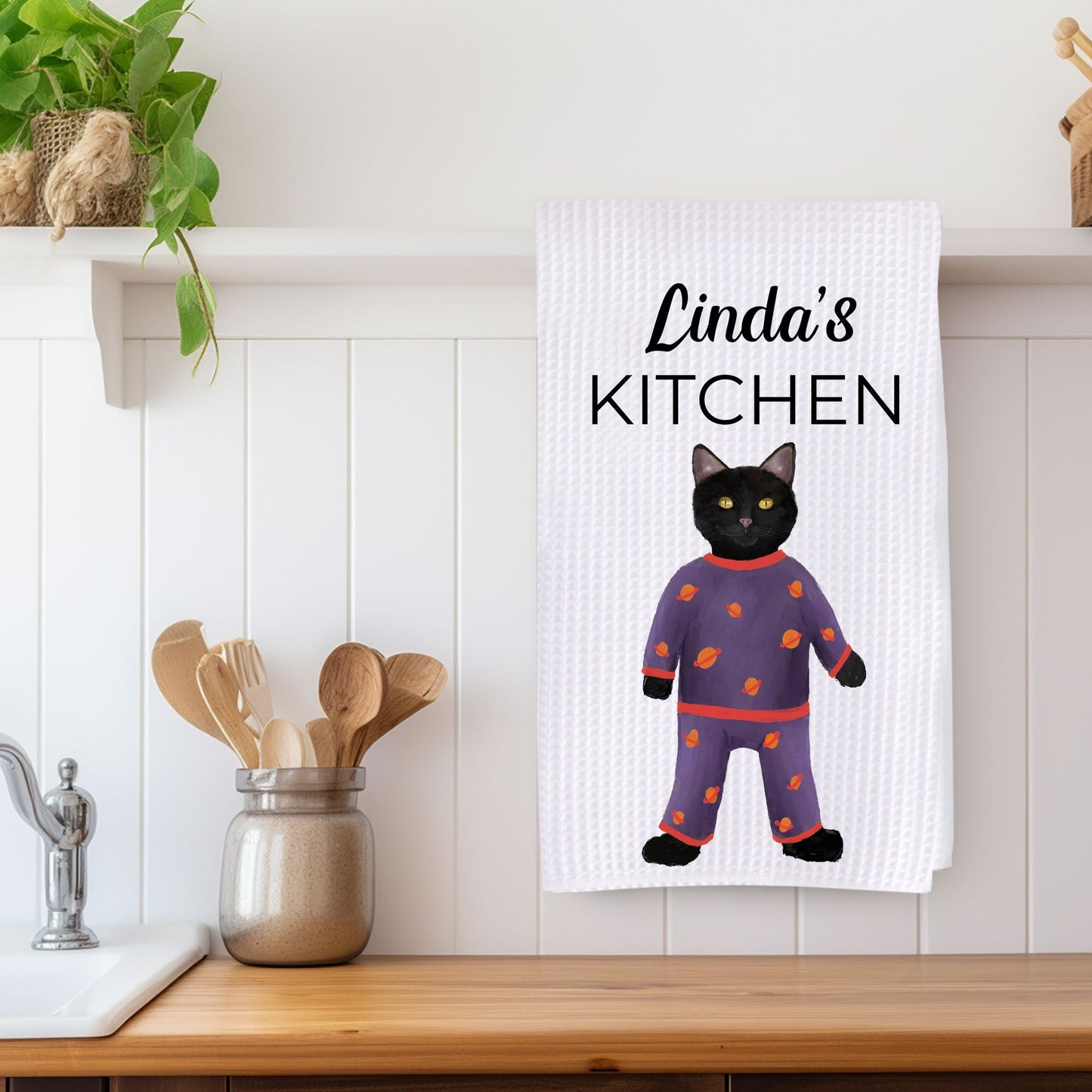 Black Cat in Pajamas Kitchen Towel - MerikaArt