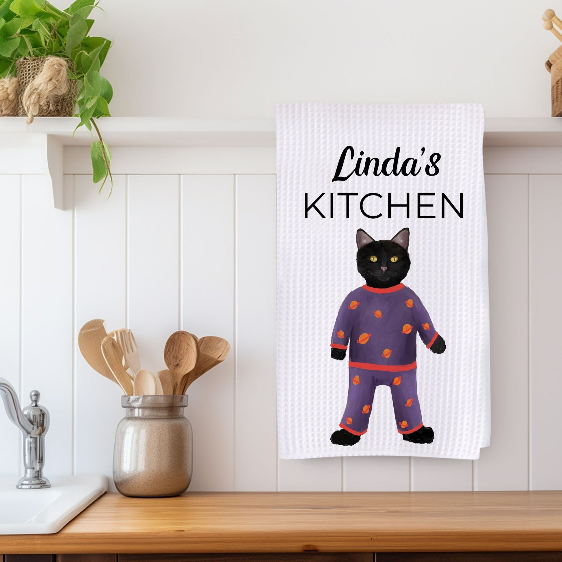 Black Cat in Pajamas Kitchen Towel - MerikaArt