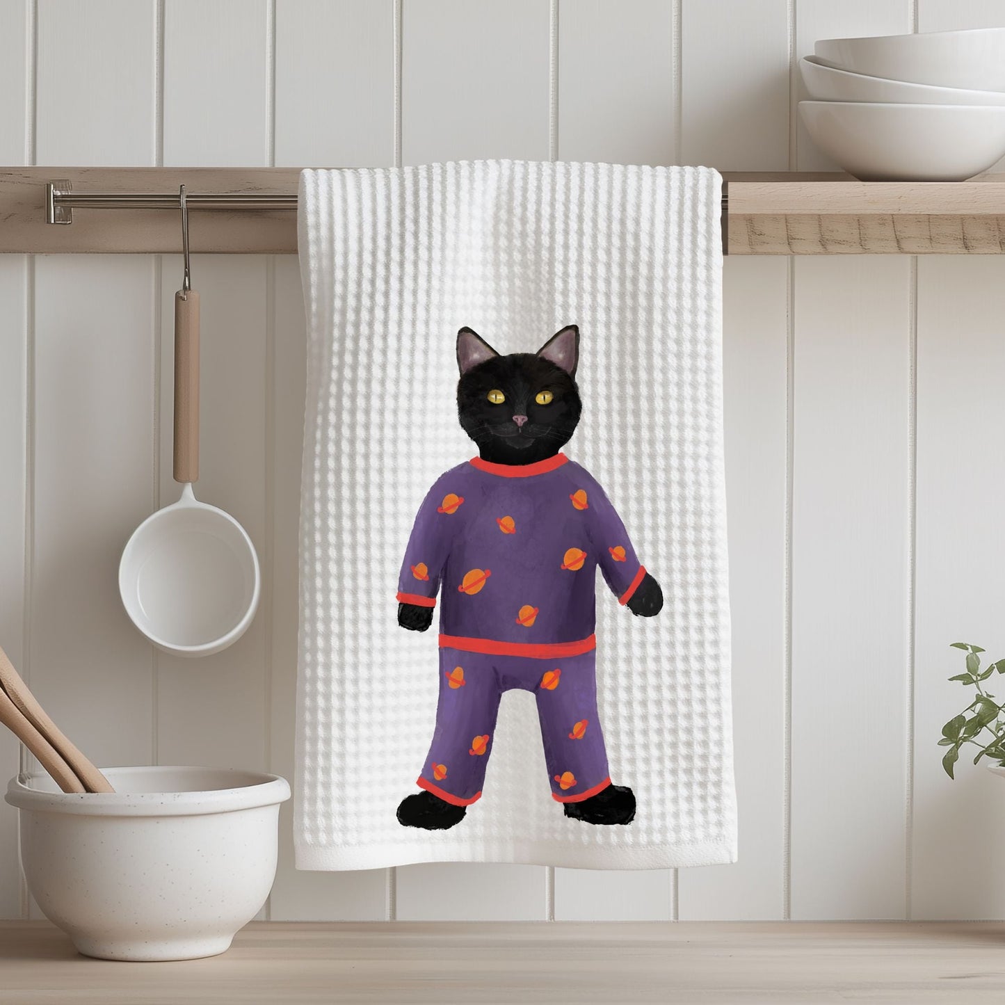 Black Cat in Pajamas Kitchen Towel - MerikaArt