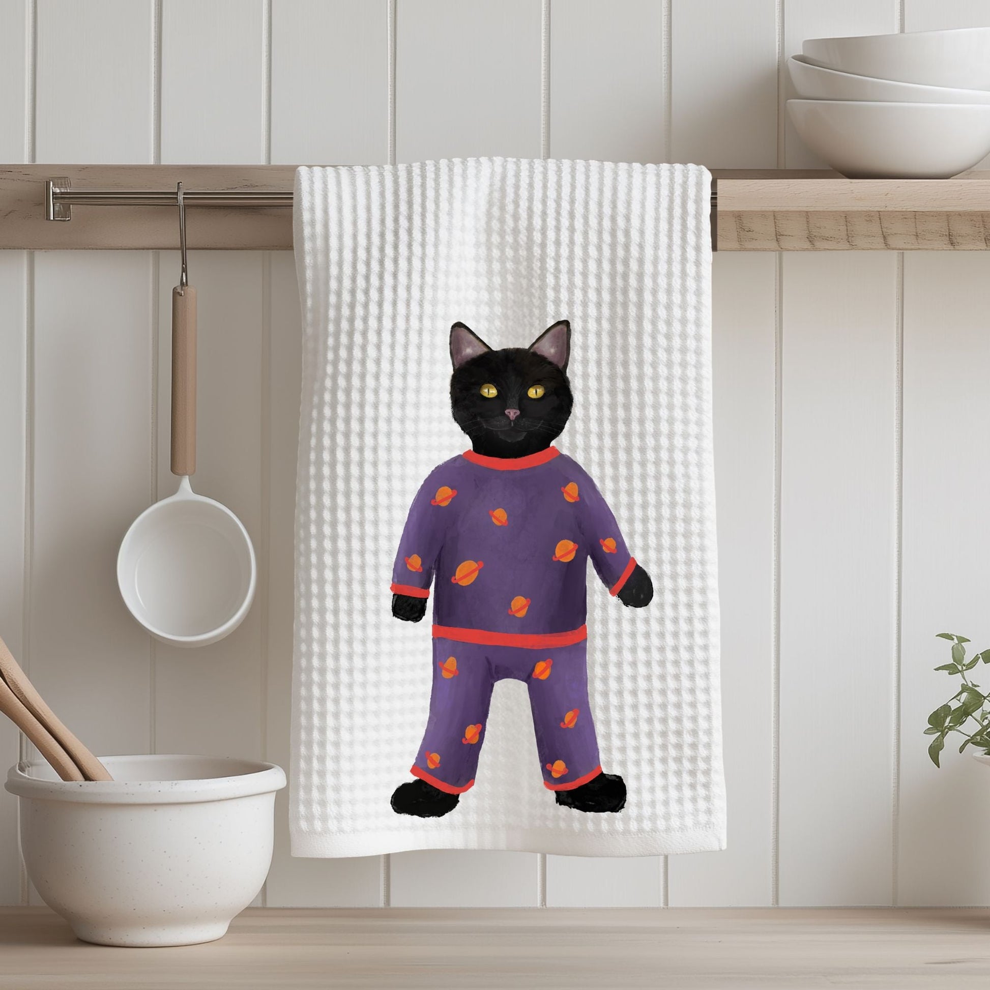 Black Cat in Pajamas Kitchen Towel - MerikaArt