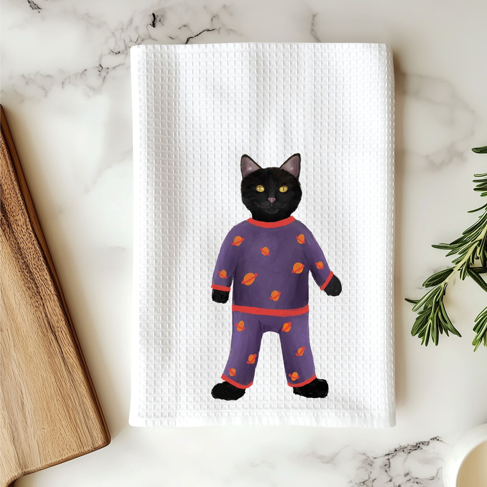 Black Cat in Pajamas Kitchen Towel - MerikaArt