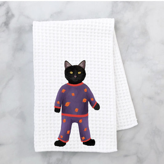 Black Cat in Pajamas Kitchen Towel - MerikaArt