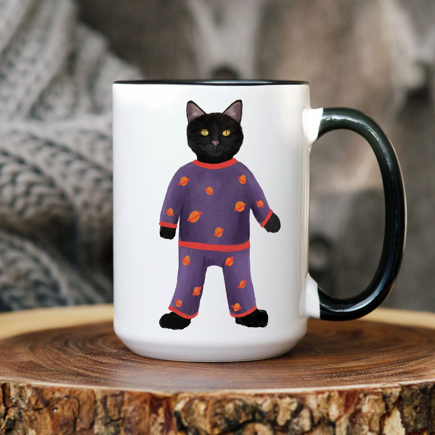Black Cat in Pajamas Mug - MerikaArt
