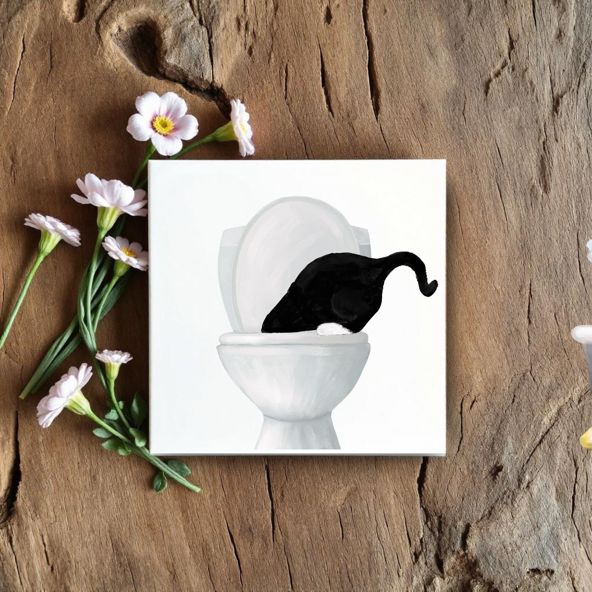 Black Cat in Toilet Adventure Ceramic Tile – Whimsical Cat Lover Decor - MerikaArt