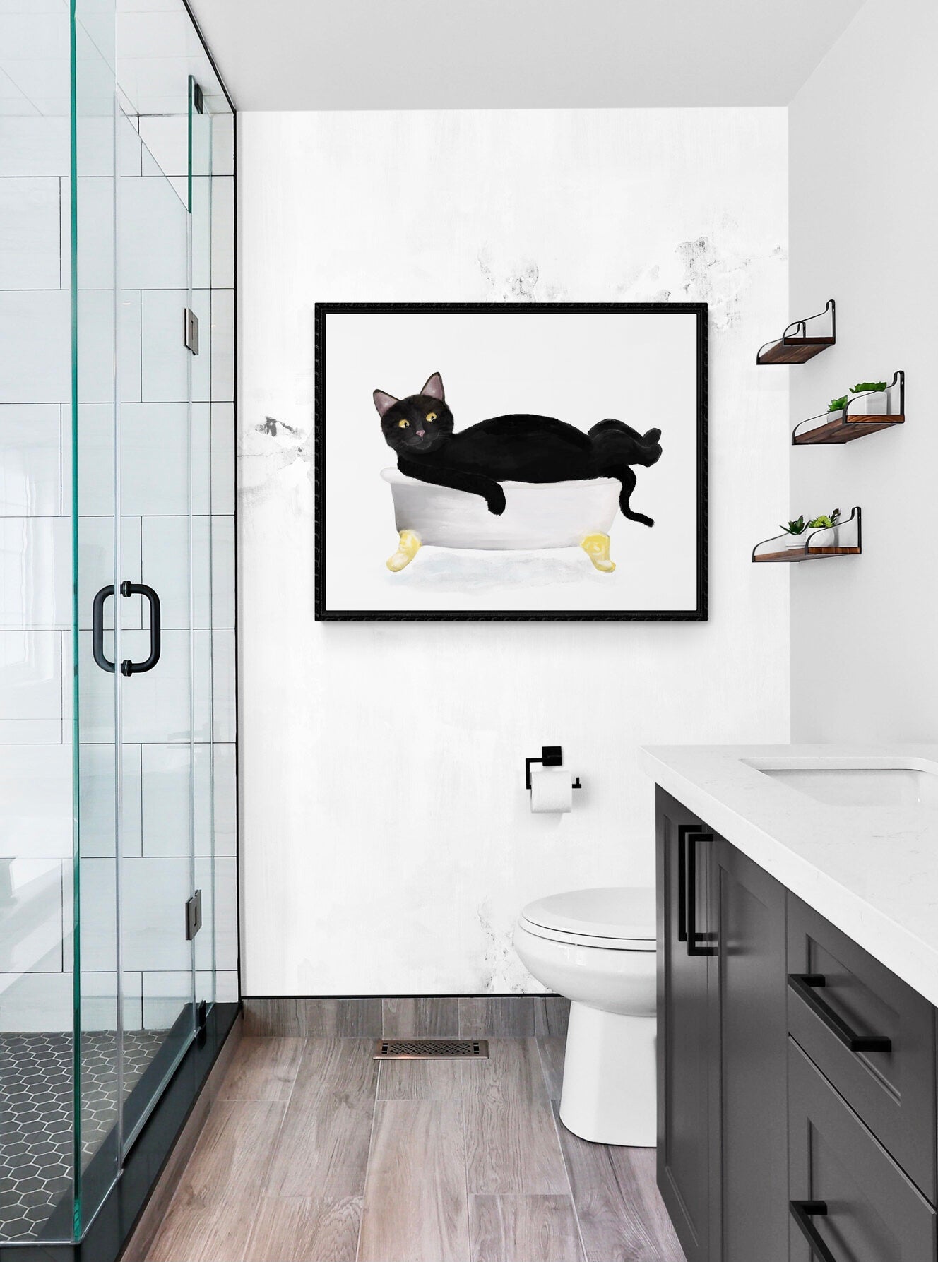 Black Cat in Tub Print - MerikaArt