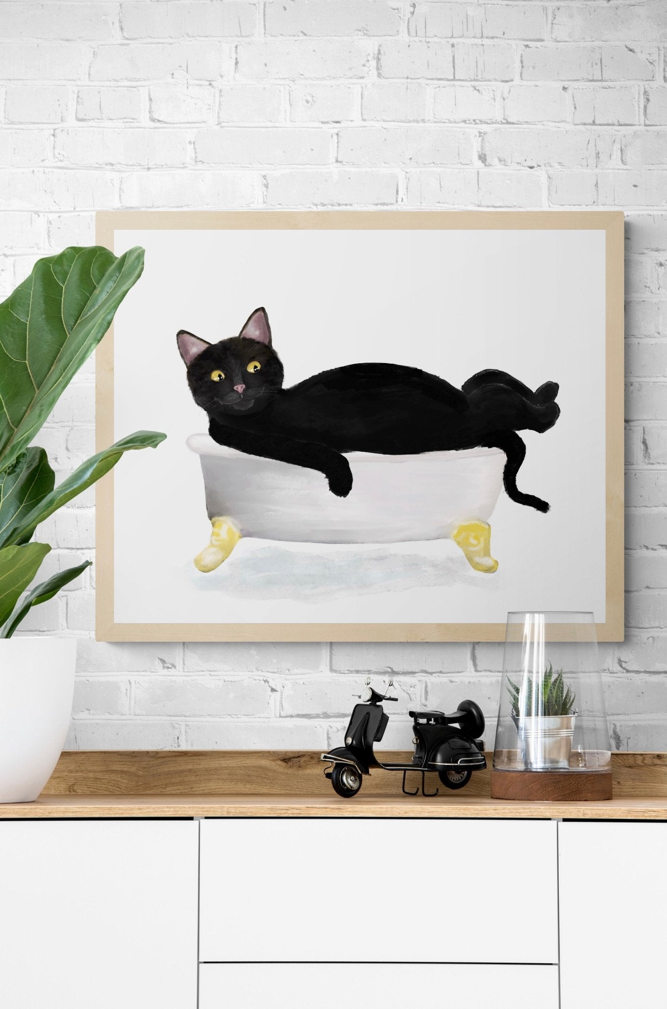 Black Cat in Tub Print - MerikaArt