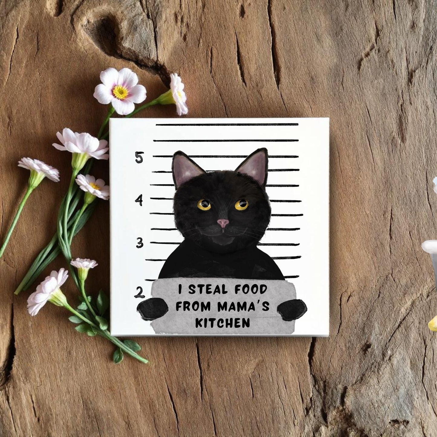 Black Cat Mugshot Ceramic Tile - MerikaArt