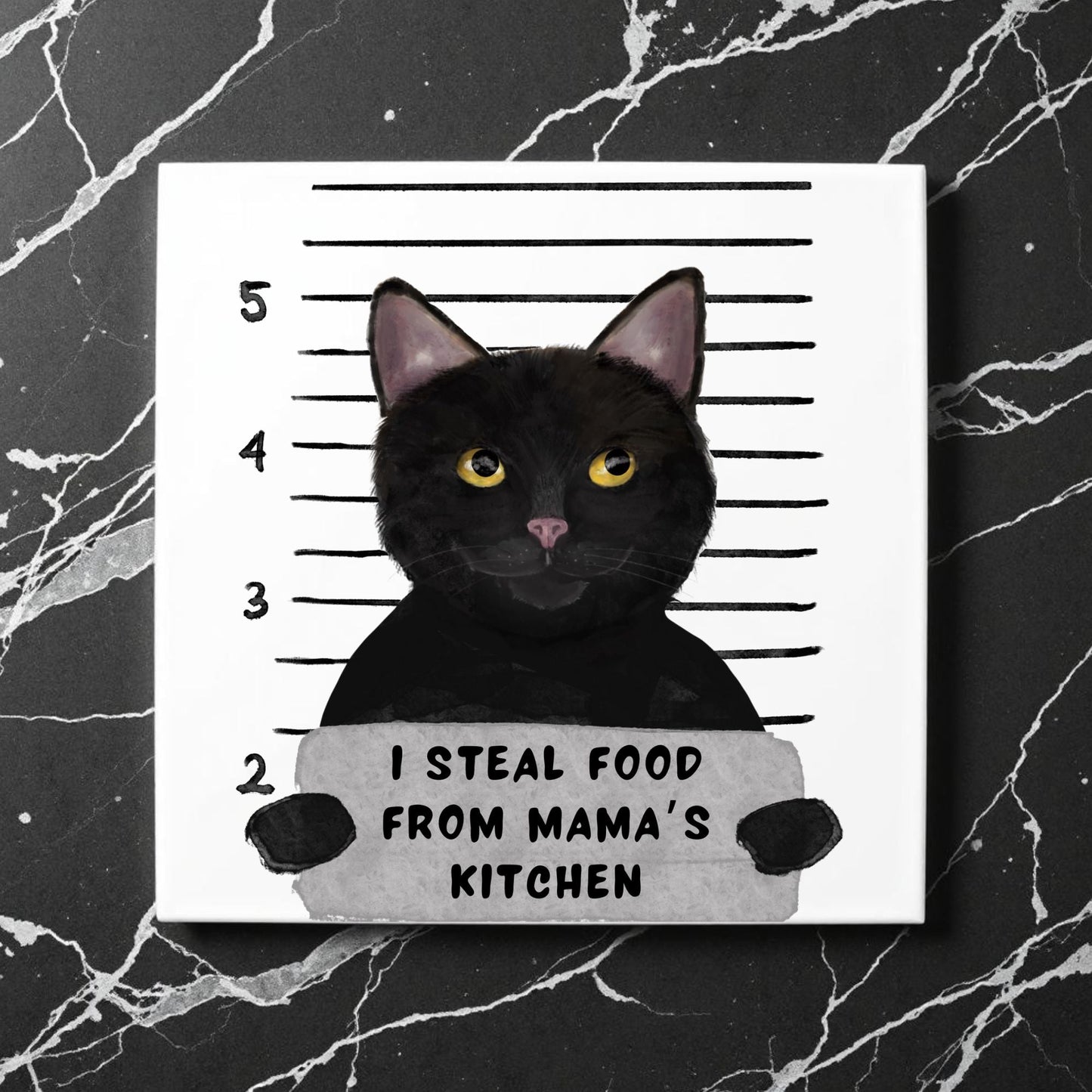 Black Cat Mugshot Ceramic Tile - MerikaArt