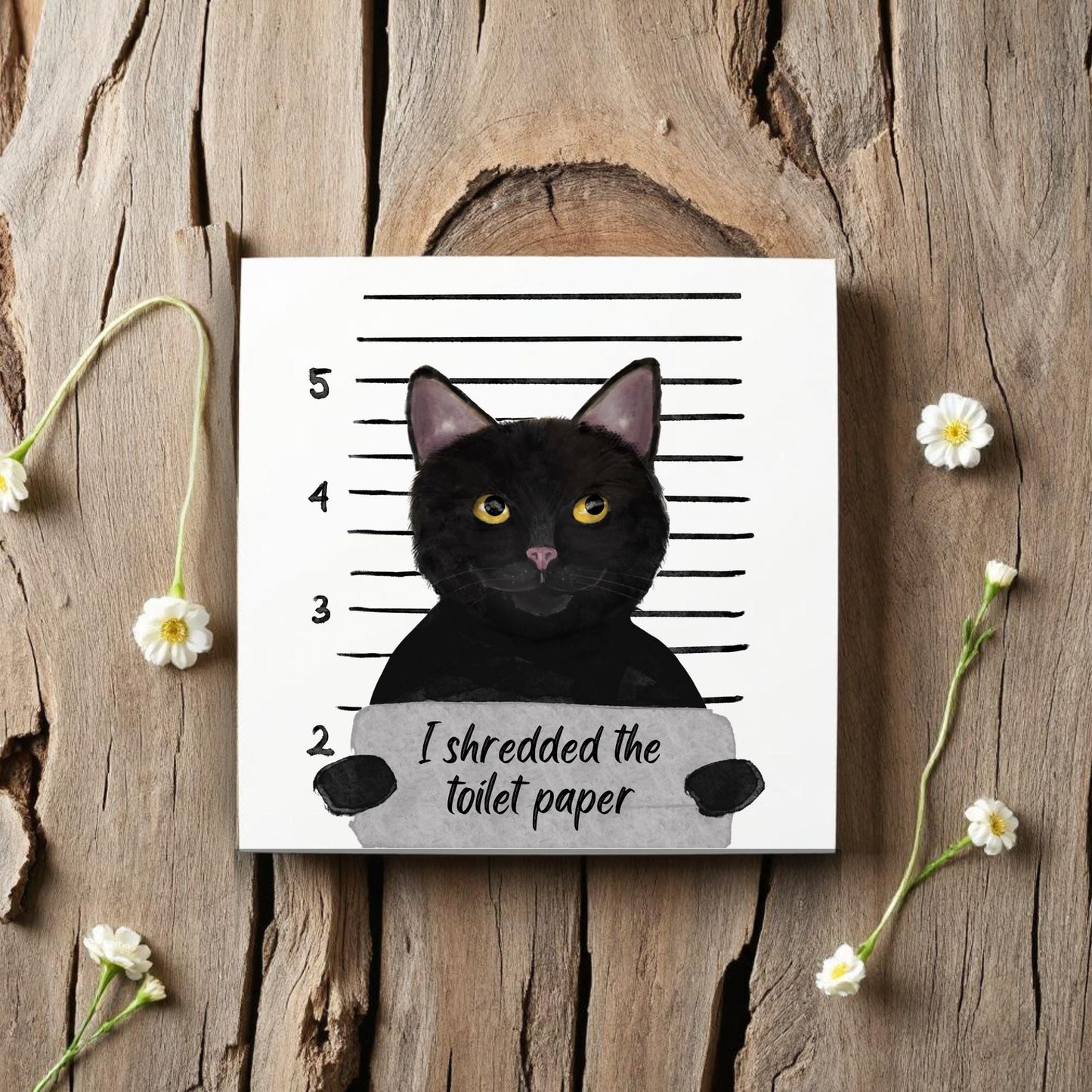 Black Cat Mugshot Ceramic Tile – Handcrafted Whimsical Pet Art Decor - MerikaArt