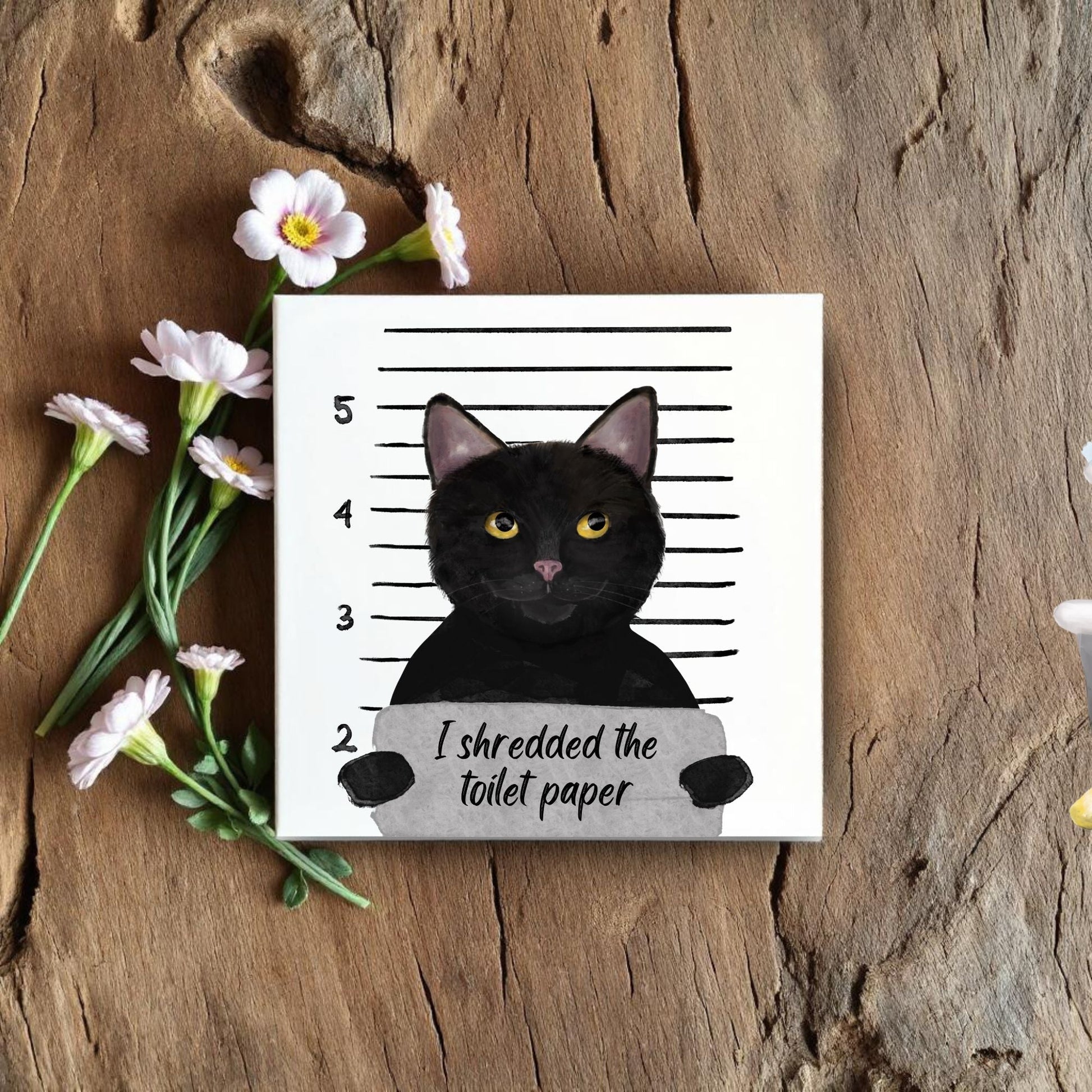 Black Cat Mugshot Ceramic Tile – Handcrafted Whimsical Pet Art Decor - MerikaArt
