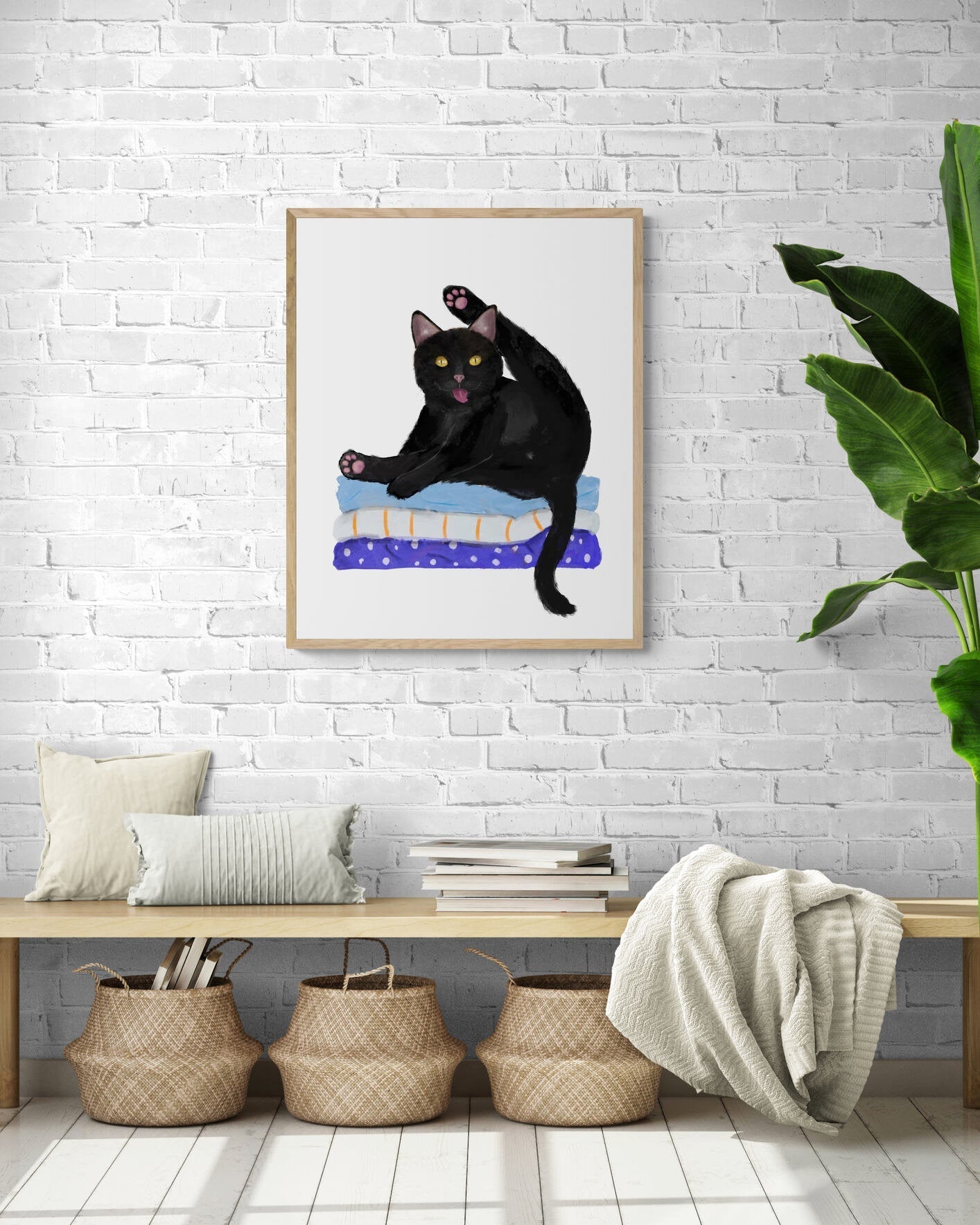 Black Cat on Laundry – Fun Cat Art Print for Cat Lovers - MerikaArt