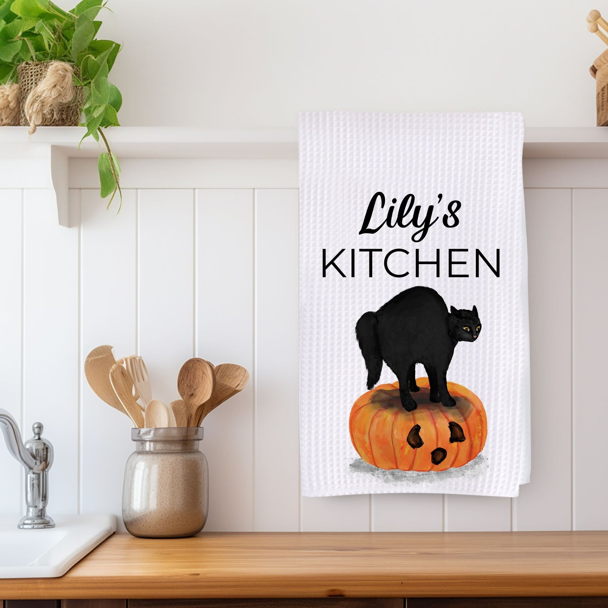 Black Cat on Pumpkin Kitchen Towel - MerikaArt