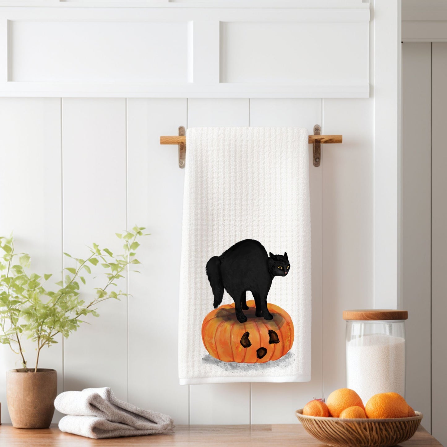Black Cat on Pumpkin Kitchen Towel - MerikaArt