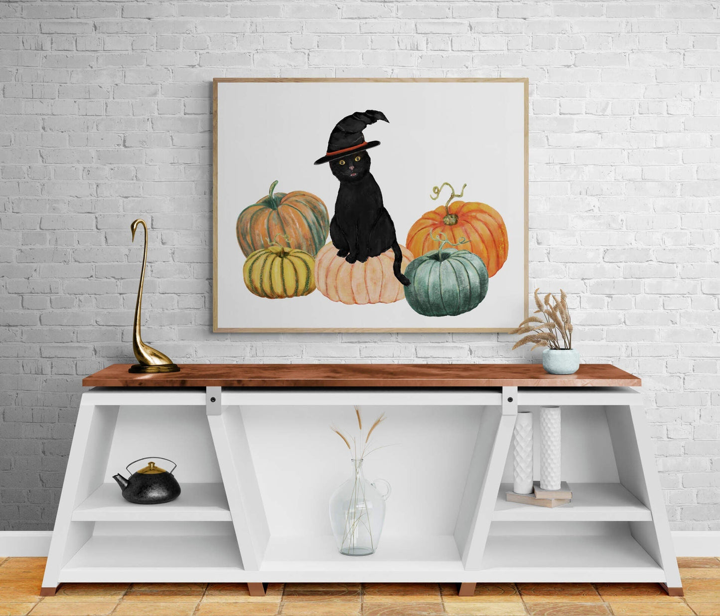 Black Cat on Pumpkin Print, Halloween Cat Painting, Black Cat Sitting in Pumpkin, Holiday Wall Art, Black Cat Wearing Witch Hat - MerikaArt