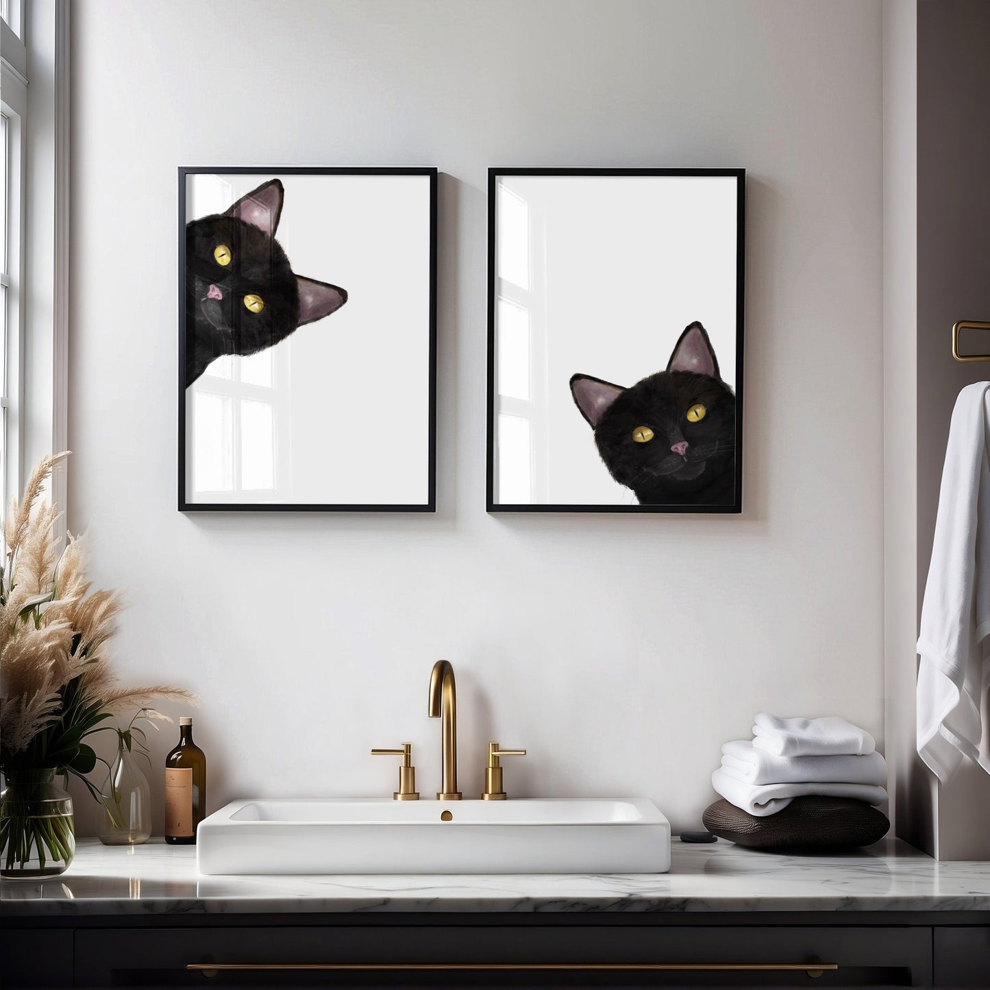 Black Cat Peeking Art Print - Peekaboo Print Set of 2 - MerikaArt