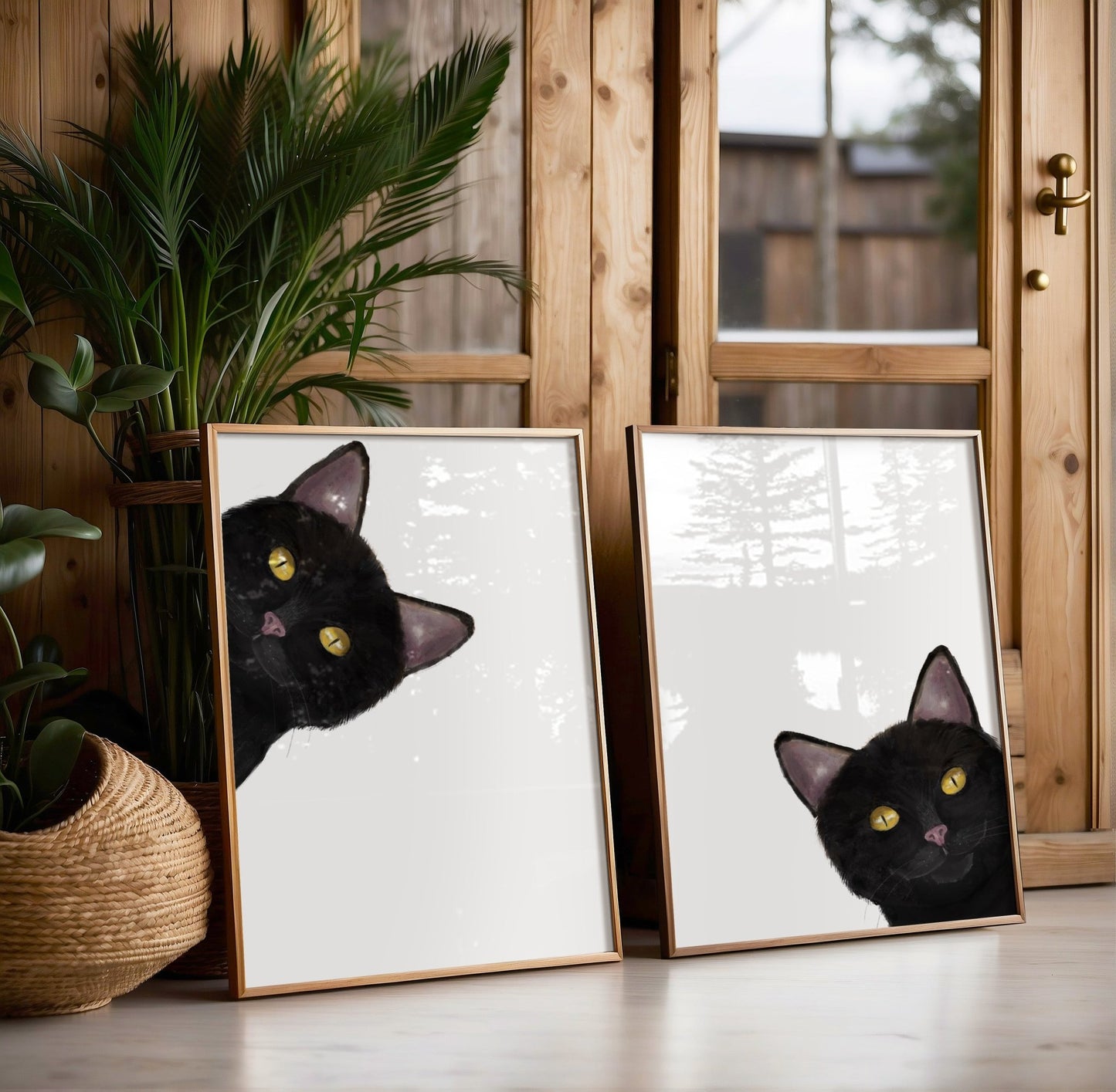 Black Cat Peeking Art Print - Peekaboo Print Set of 2 - MerikaArt