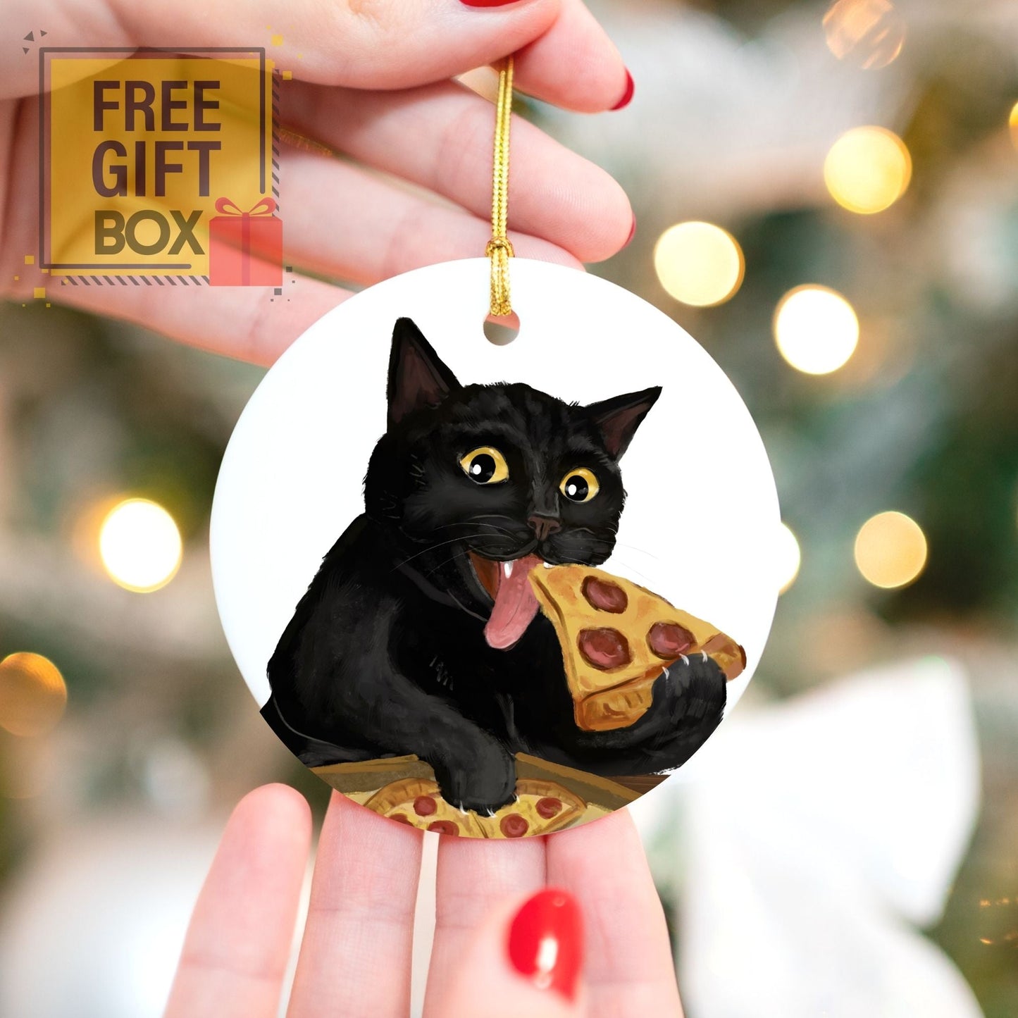 Black Cat Pizza Lover Ornament - MerikaArt