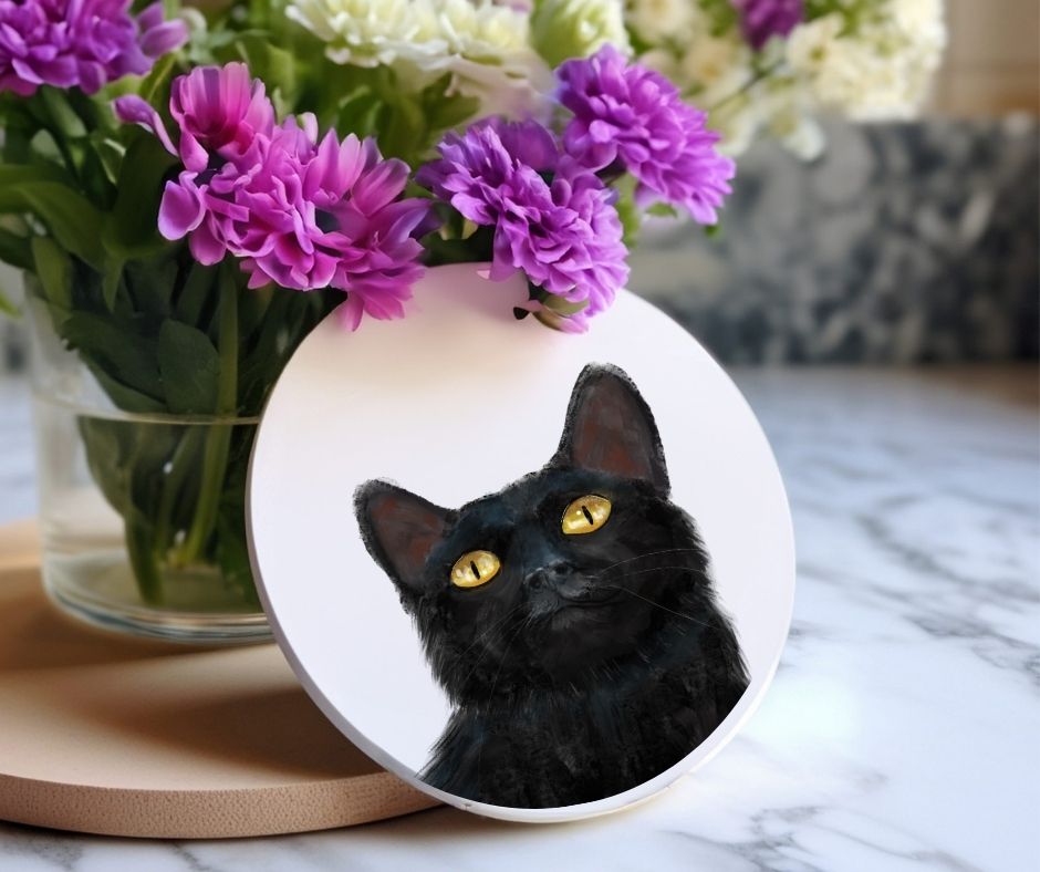 Black Cat Portrait Ceramic Coaster - MerikaArt