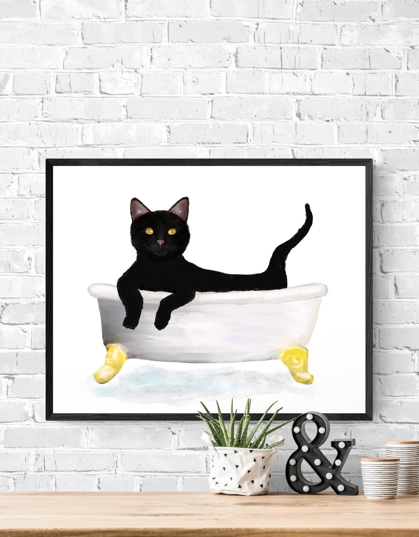 Black Cat Relaxing in Bathtub – Cute Bathroom Art Print - MerikaArt