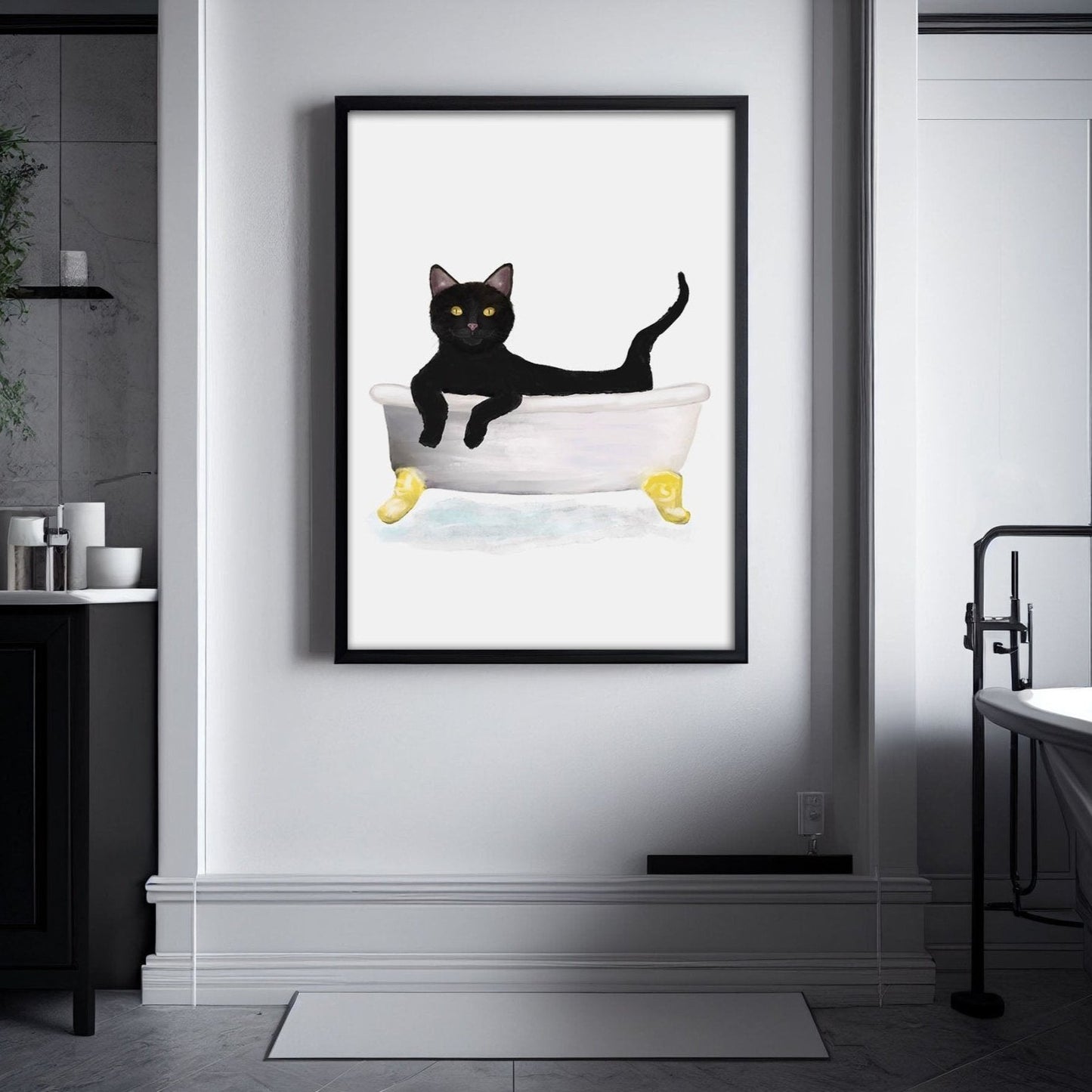 Black Cat Relaxing in Bathtub – Cute Bathroom Art Print - MerikaArt