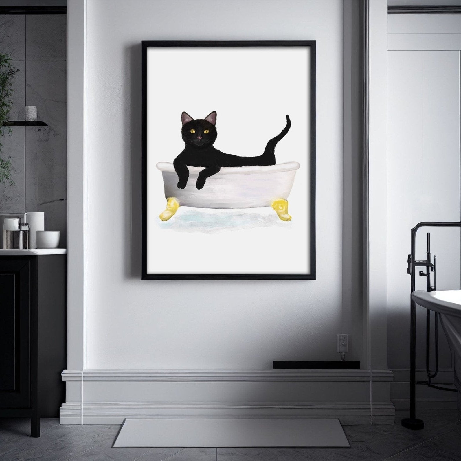 Black Cat Relaxing in Bathtub – Cute Bathroom Art Print - MerikaArt