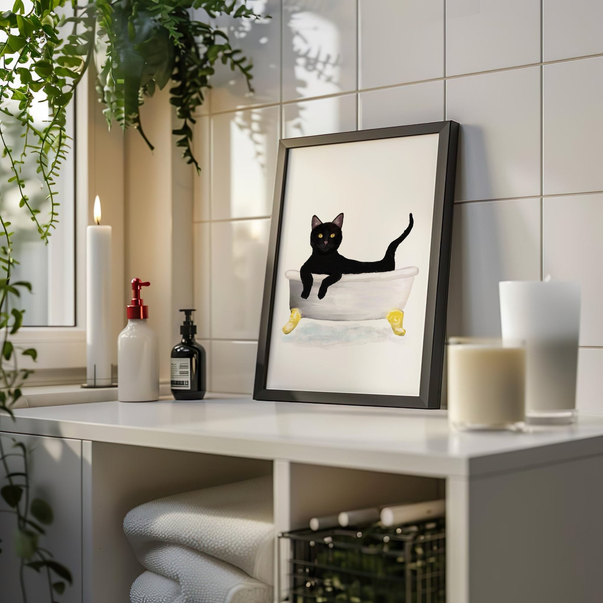 Black Cat Relaxing in Bathtub – Cute Bathroom Art Print - MerikaArt