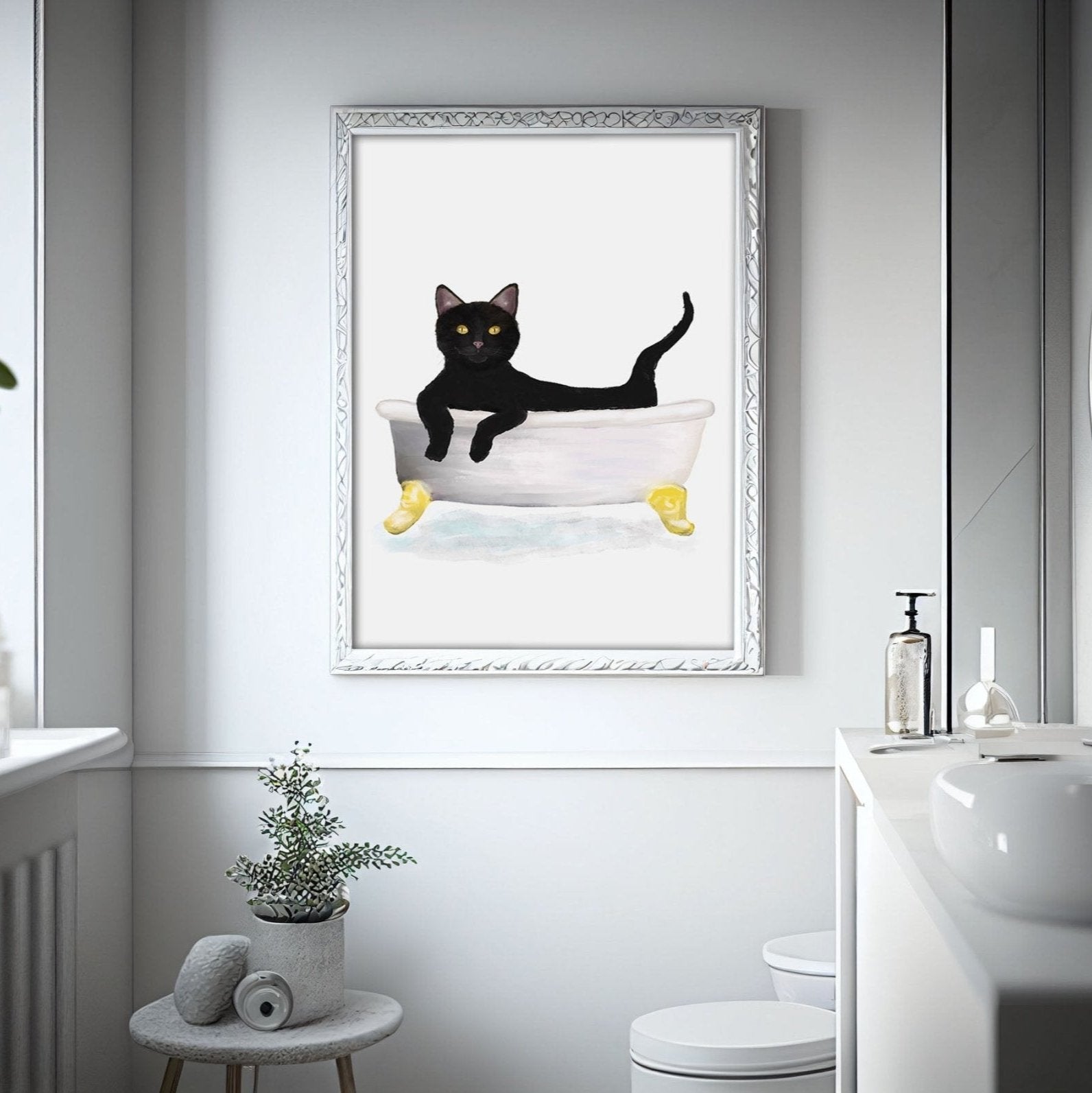 Black Cat Relaxing in Bathtub – Cute Bathroom Art Print - MerikaArt