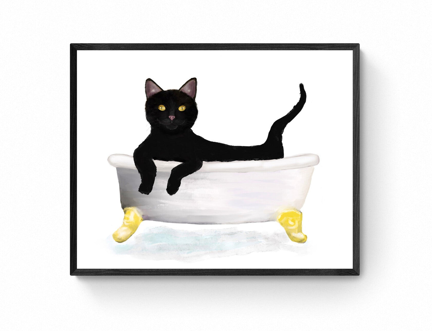 Black Cat Relaxing in Bathtub – Cute Bathroom Art Print - MerikaArt