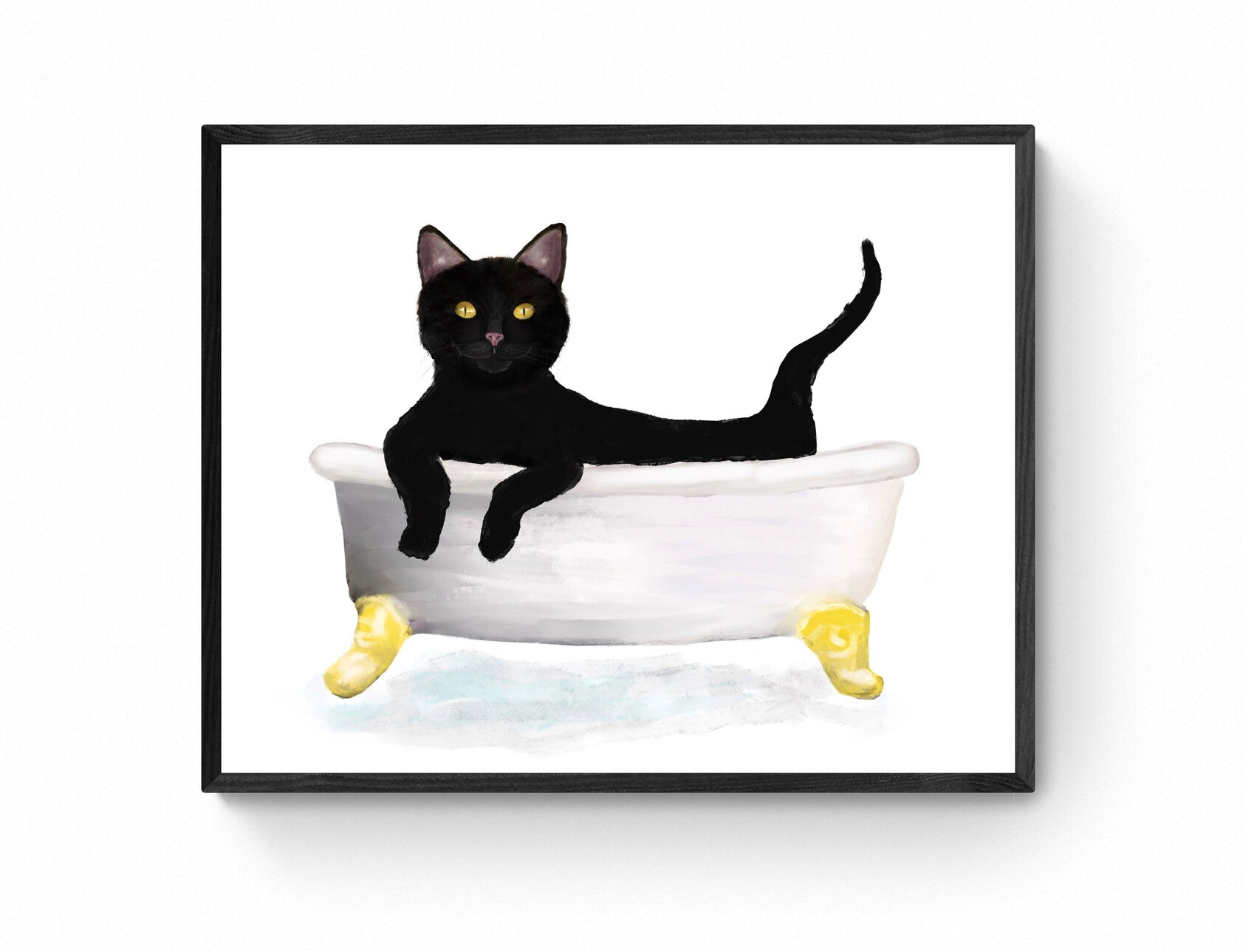 Black Cat Relaxing in Bathtub – Cute Bathroom Art Print - MerikaArt