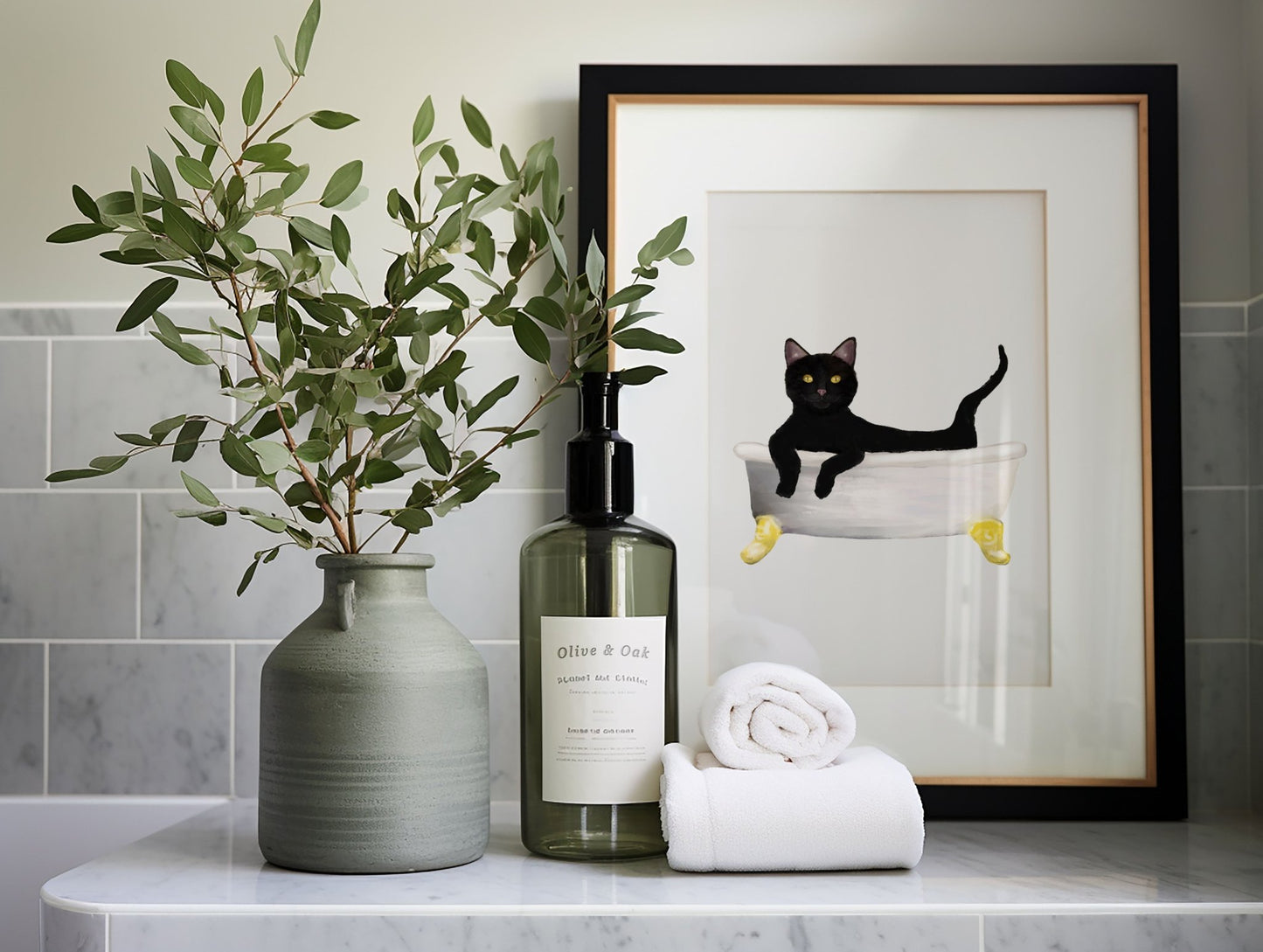 Black Cat Relaxing in Bathtub – Cute Bathroom Art Print - MerikaArt