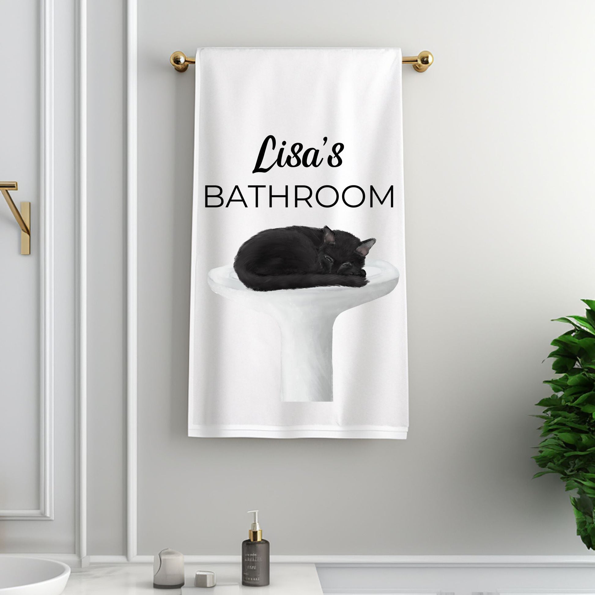 Black Cat Sleeping on Sink Bathroom Towel - MerikaArt