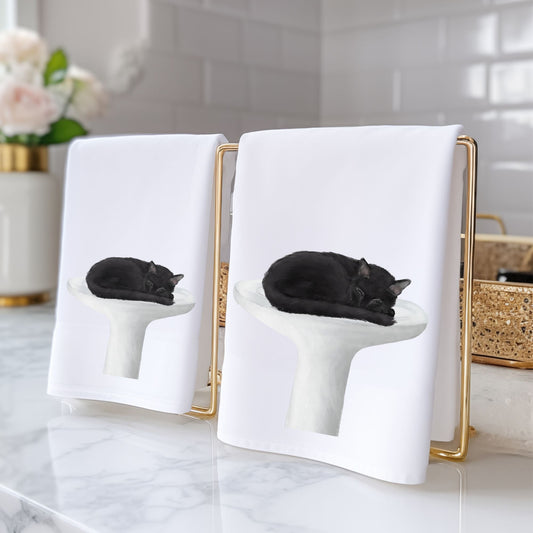 Black Cat Sleeping on Sink Bathroom Towel - MerikaArt