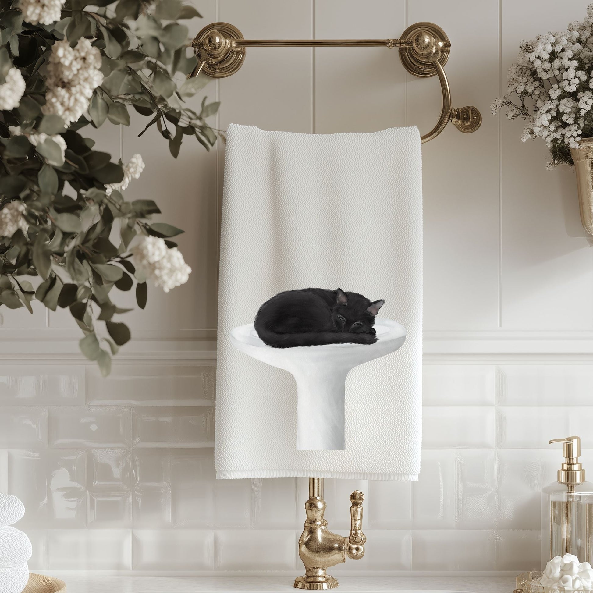Black Cat Sleeping on Sink Bathroom Towel - MerikaArt
