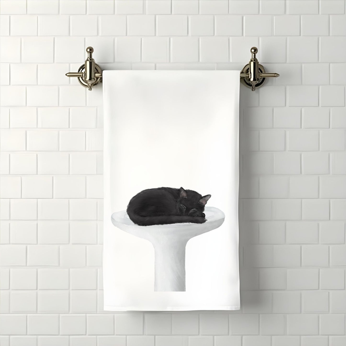Black Cat Sleeping on Sink Bathroom Towel - MerikaArt