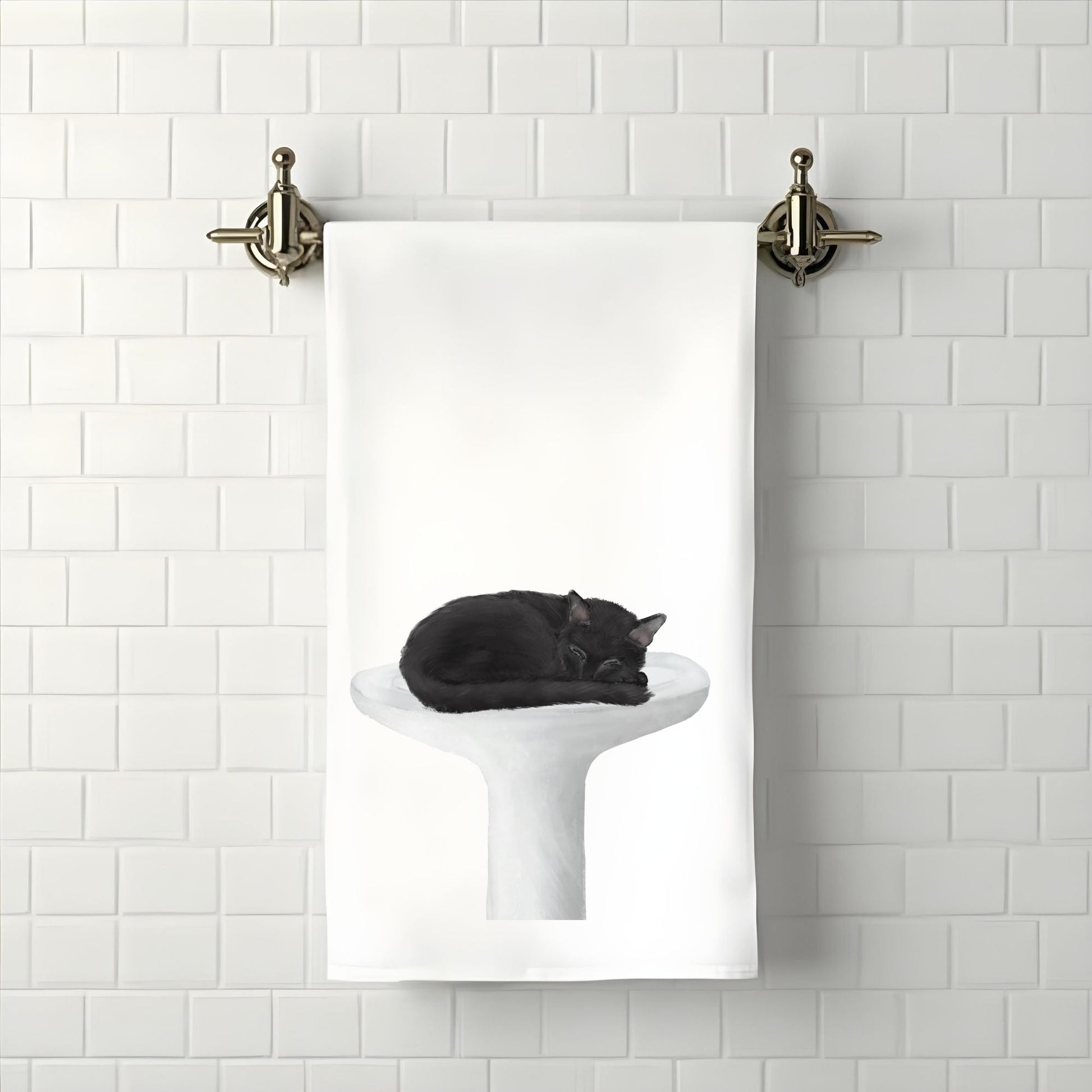 Black Cat Sleeping on Sink Bathroom Towel - MerikaArt
