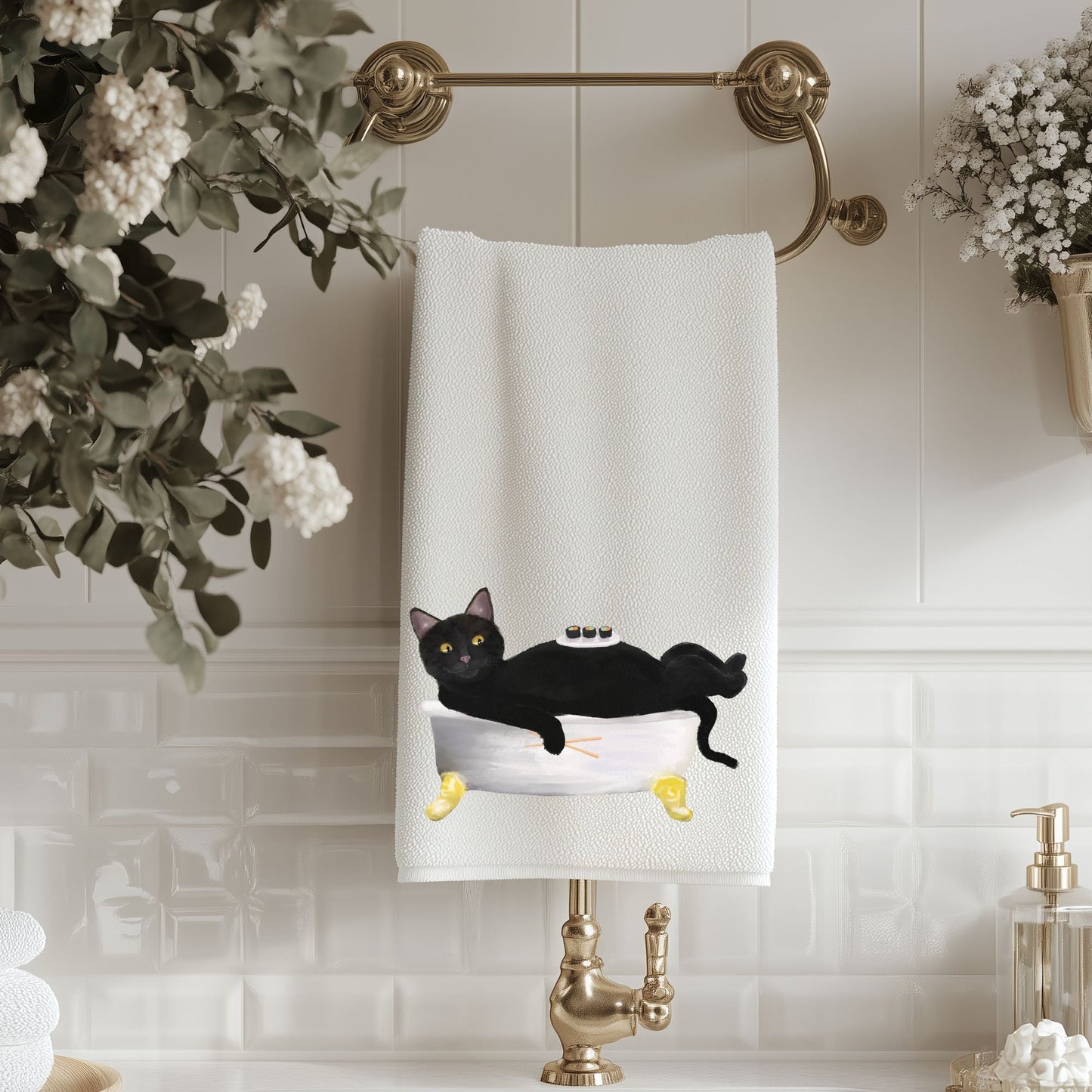 Black Cat Sushi Spa Bathroom Towel - MerikaArt