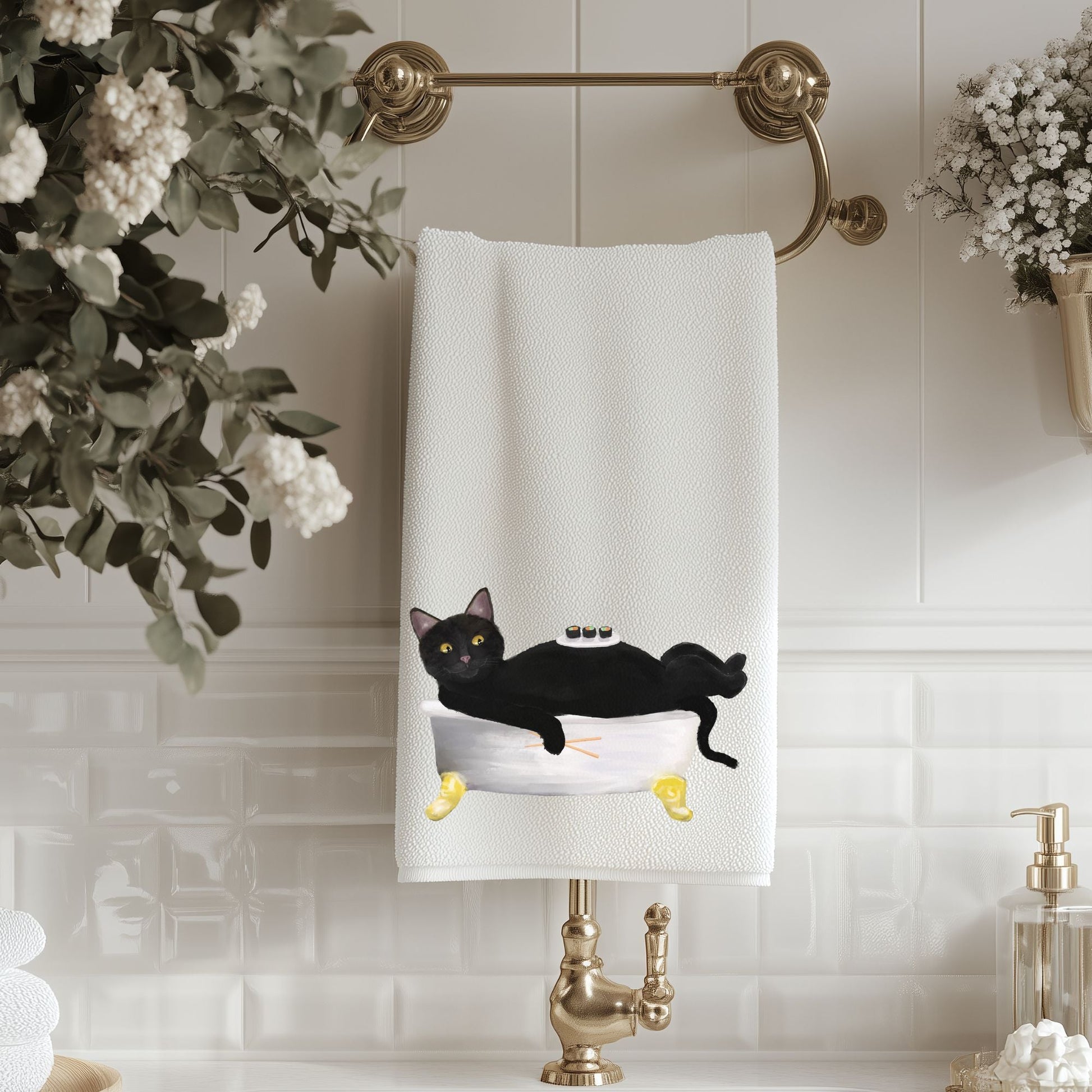 Black Cat Sushi Spa Bathroom Towel - MerikaArt