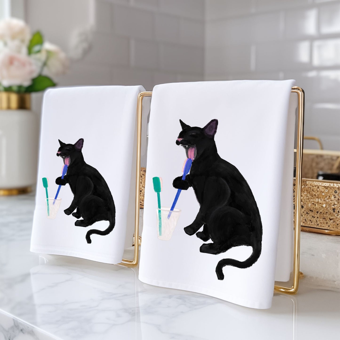 Black Cat Toothbrush Bathroom Towel - MerikaArt