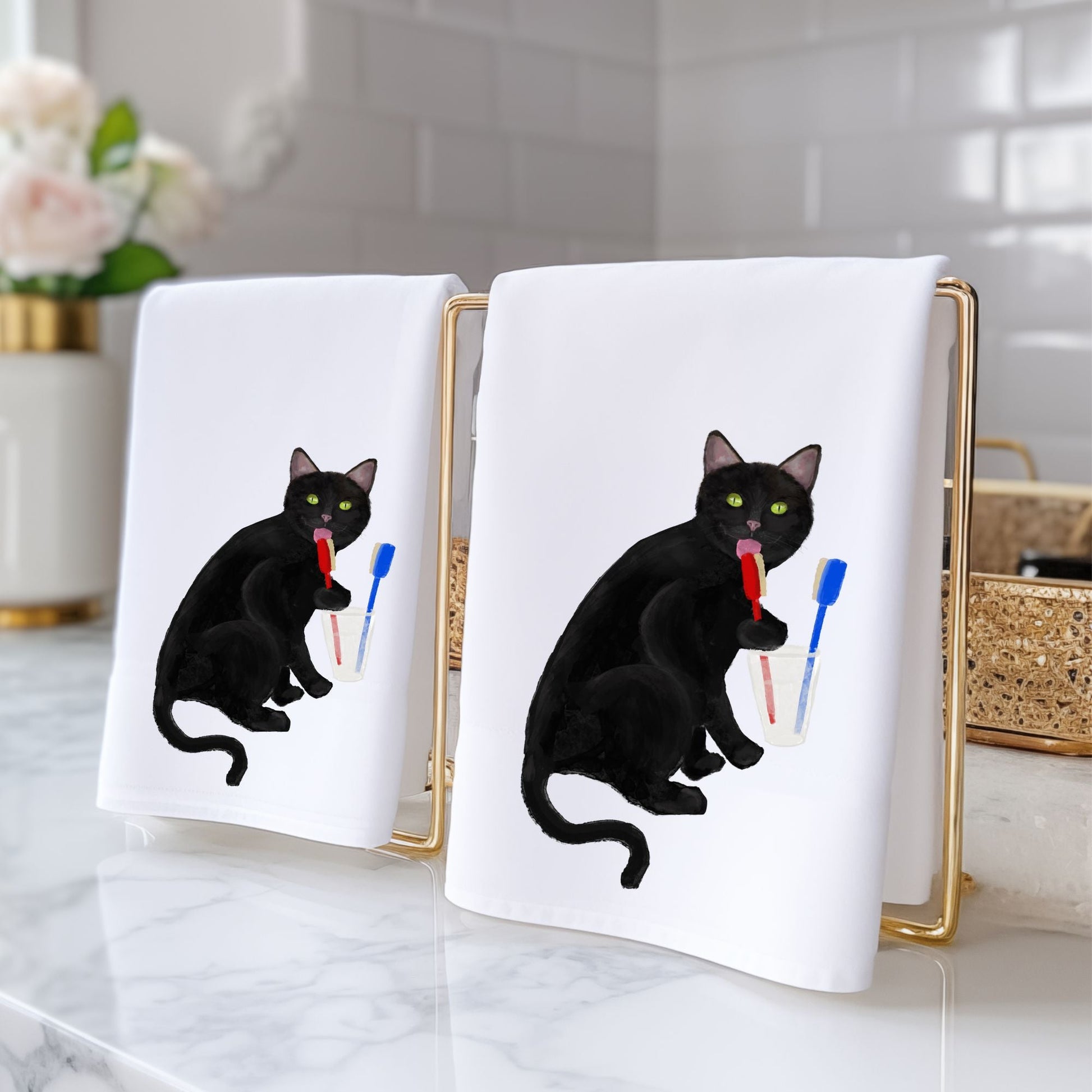 Black Cat Toothbrush Bathroom Towel - MerikaArt