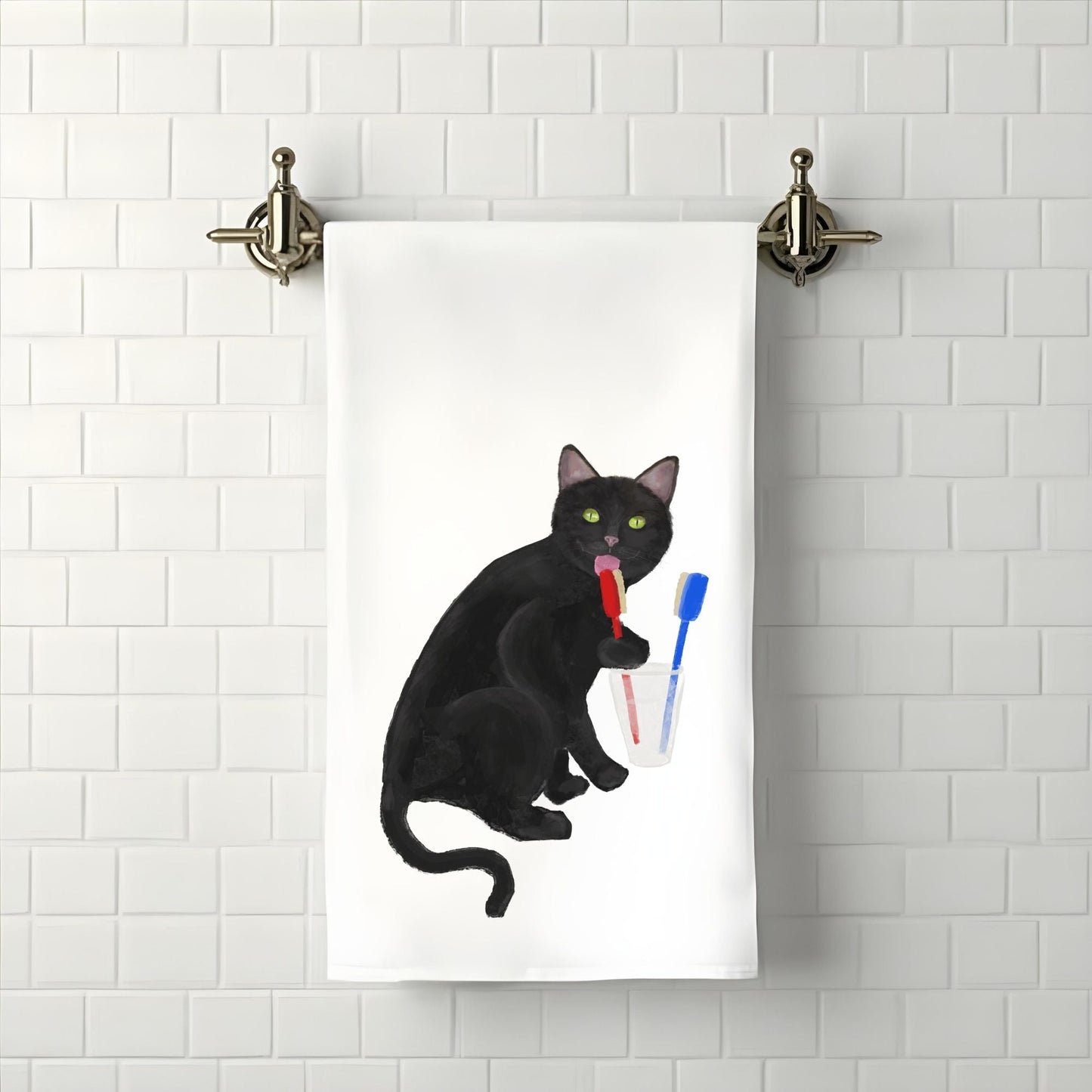 Black Cat Toothbrush Bathroom Towel - MerikaArt