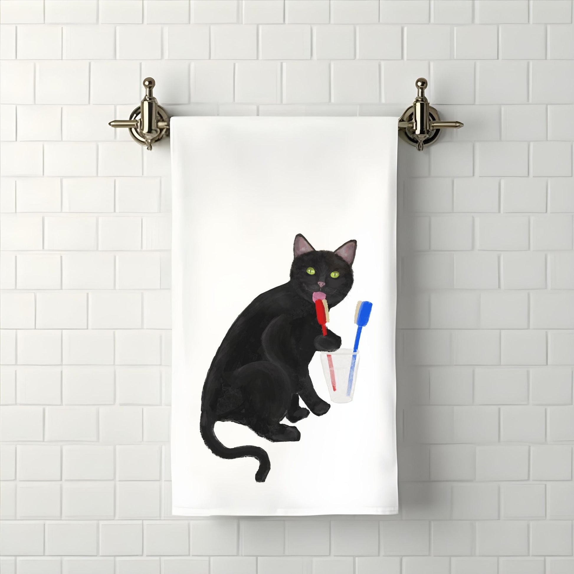 Black Cat Toothbrush Bathroom Towel - MerikaArt