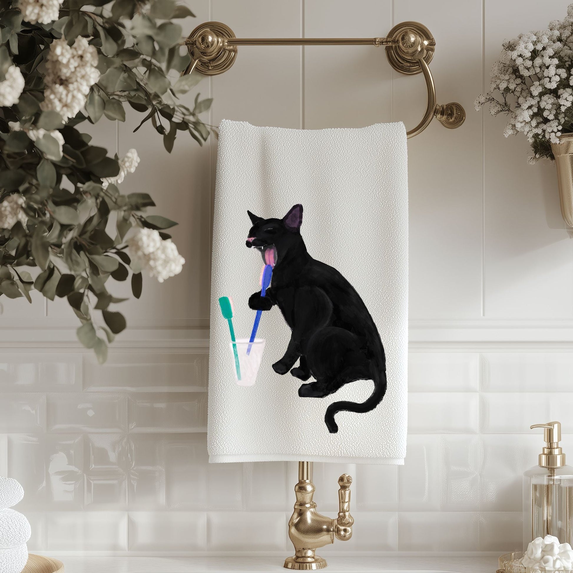 Black Cat Toothbrush Bathroom Towel - MerikaArt