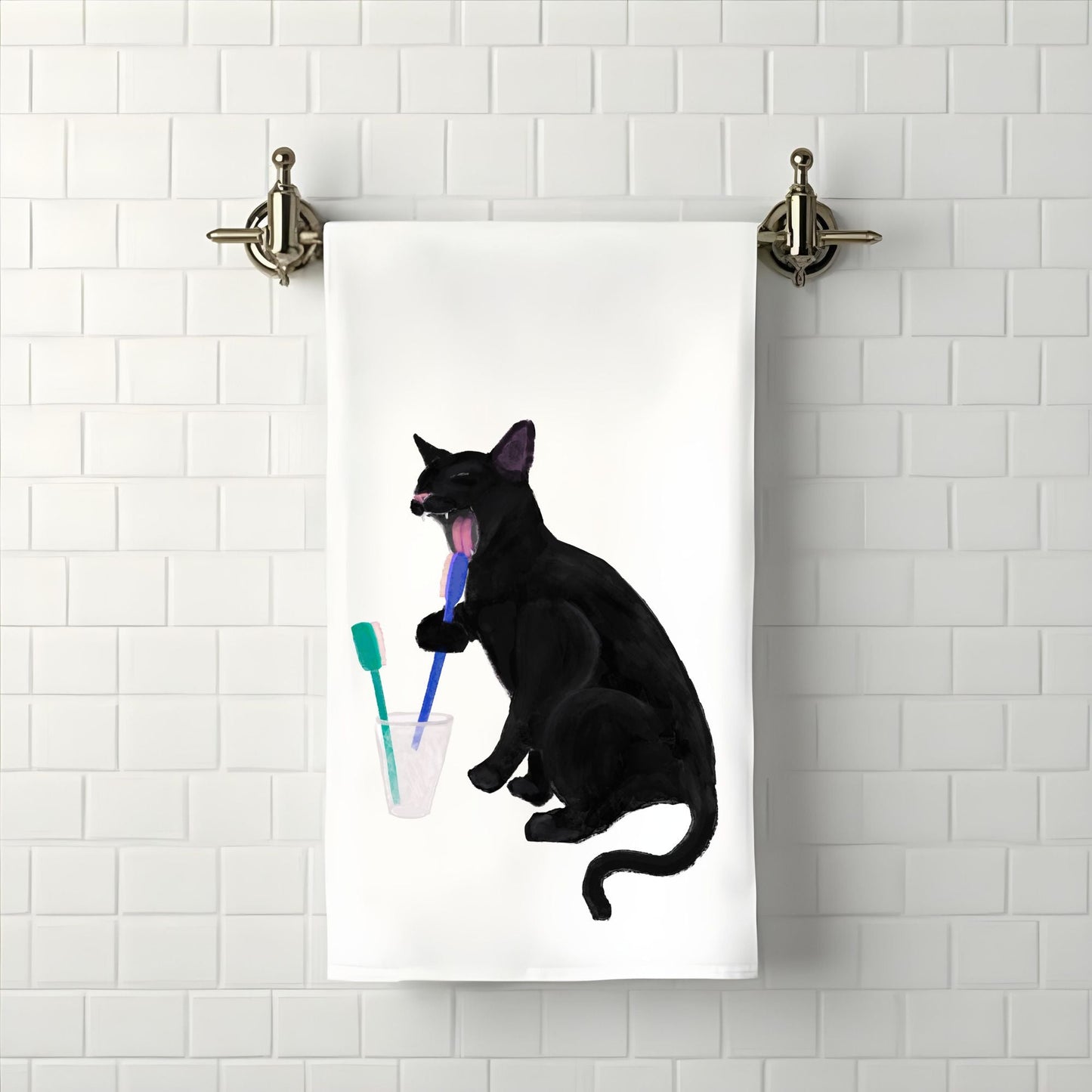 Black Cat Toothbrush Bathroom Towel - MerikaArt