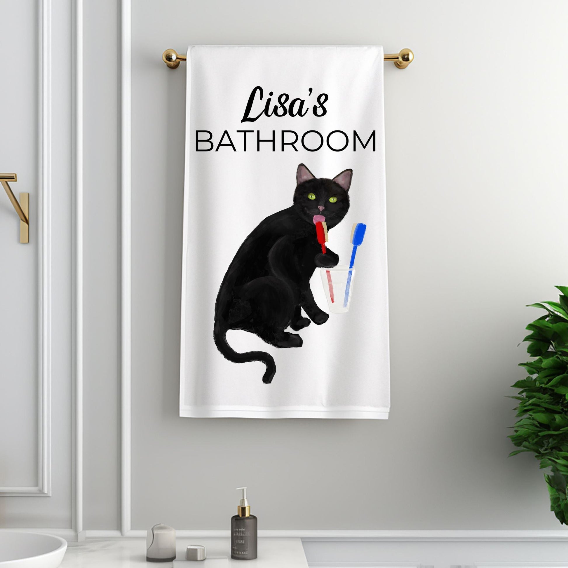 Black Cat Toothbrush Bathroom Towel - MerikaArt